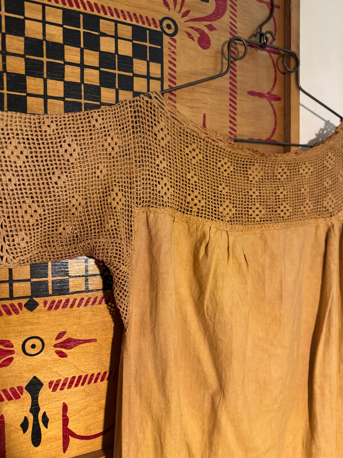 Antique Edwardian Crocheted Yoke Plant Dyed Mustard Yellow Nightgown