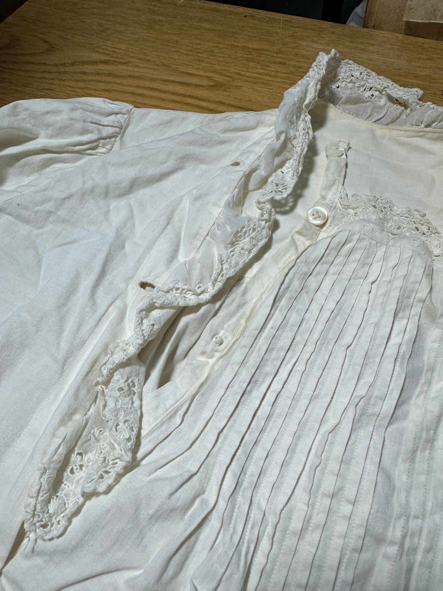Antique Victorian Pin Tucked Long Sleeve Asymmetrical Opening Nightgown