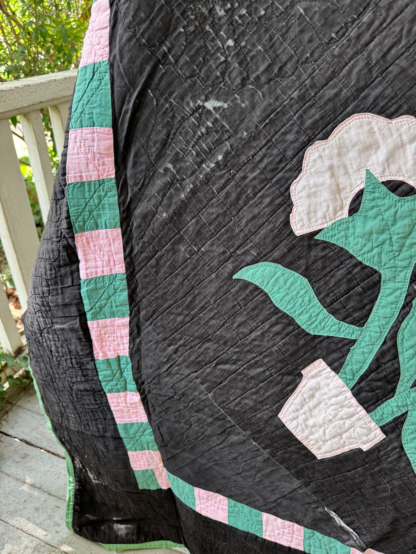 Antique 1910s-30s Rare Black Amish Floral Appliqué Quilt