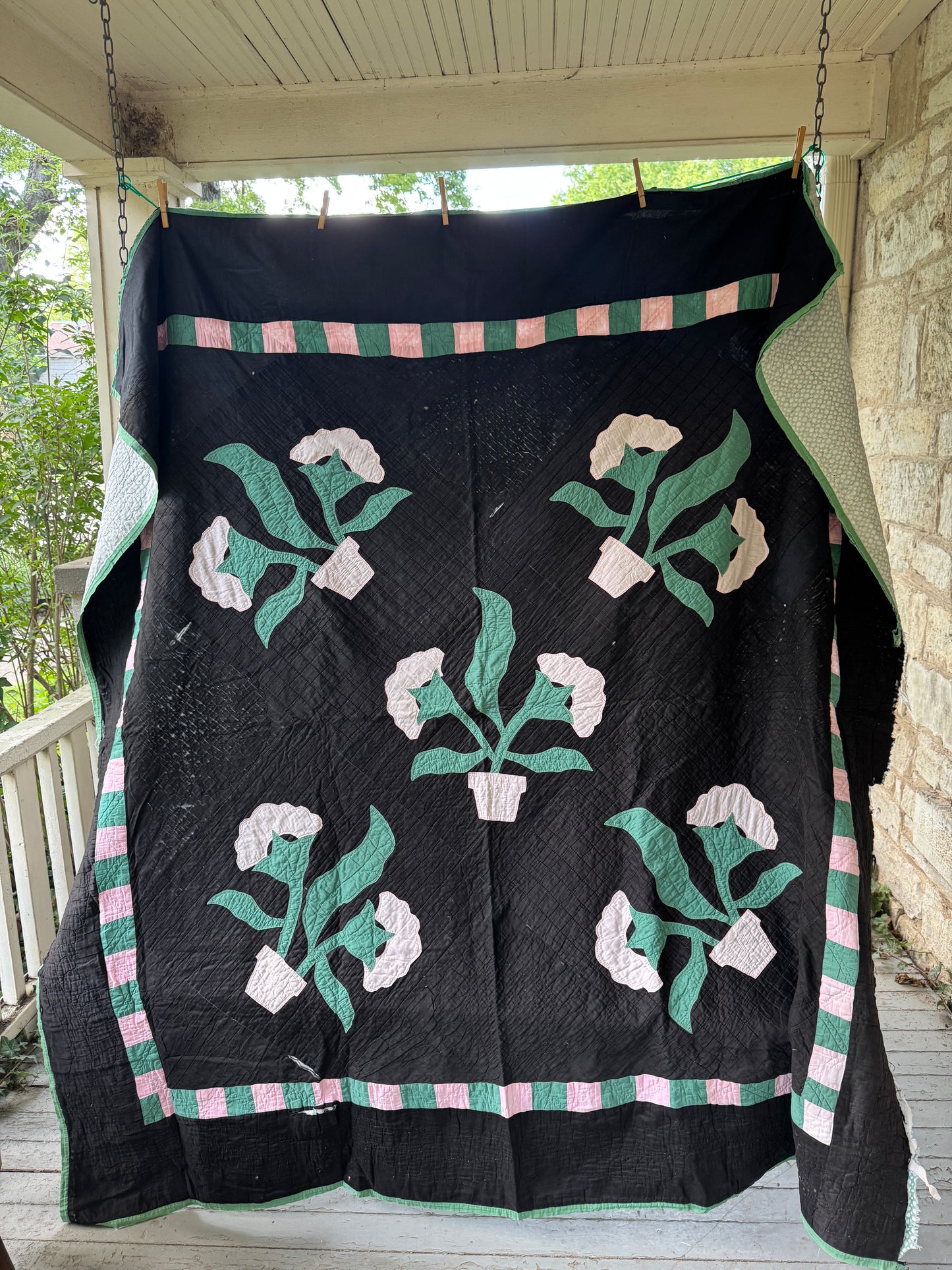 Antique 1910s-30s Rare Black Amish Floral Appliqué Quilt