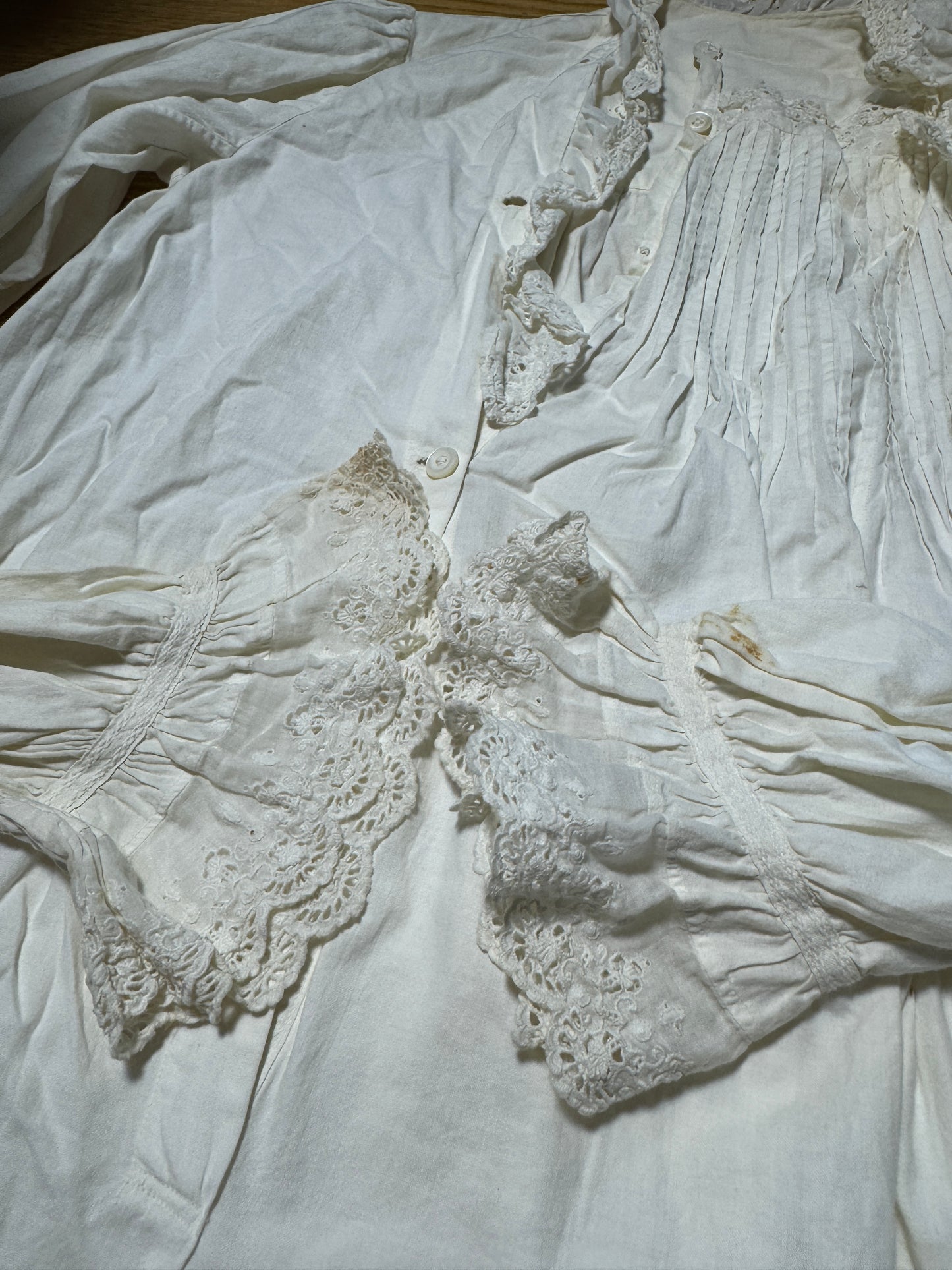 Antique Victorian Pin Tucked Long Sleeve Asymmetrical Opening Nightgown