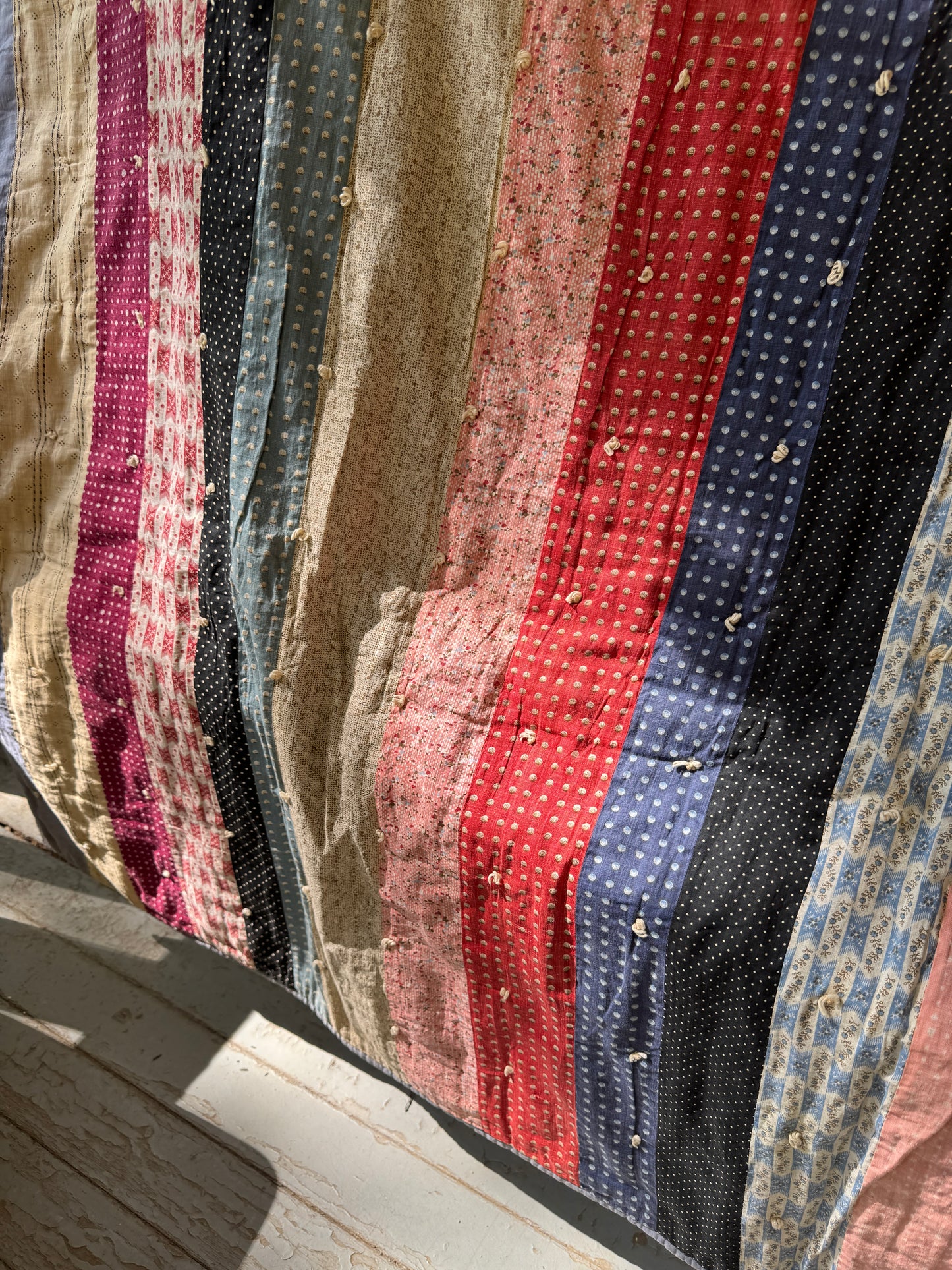 Antique 1870s-90s Reversible Bar Tie Quilt with pink and indigo