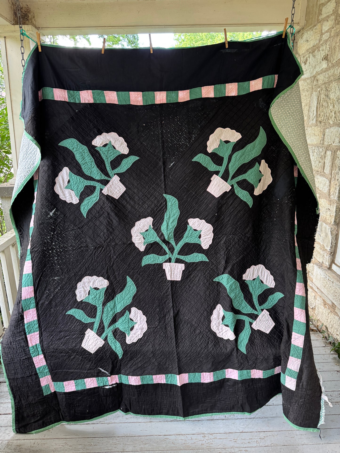 Antique 1910s-30s Rare Black Amish Floral Appliqué Quilt