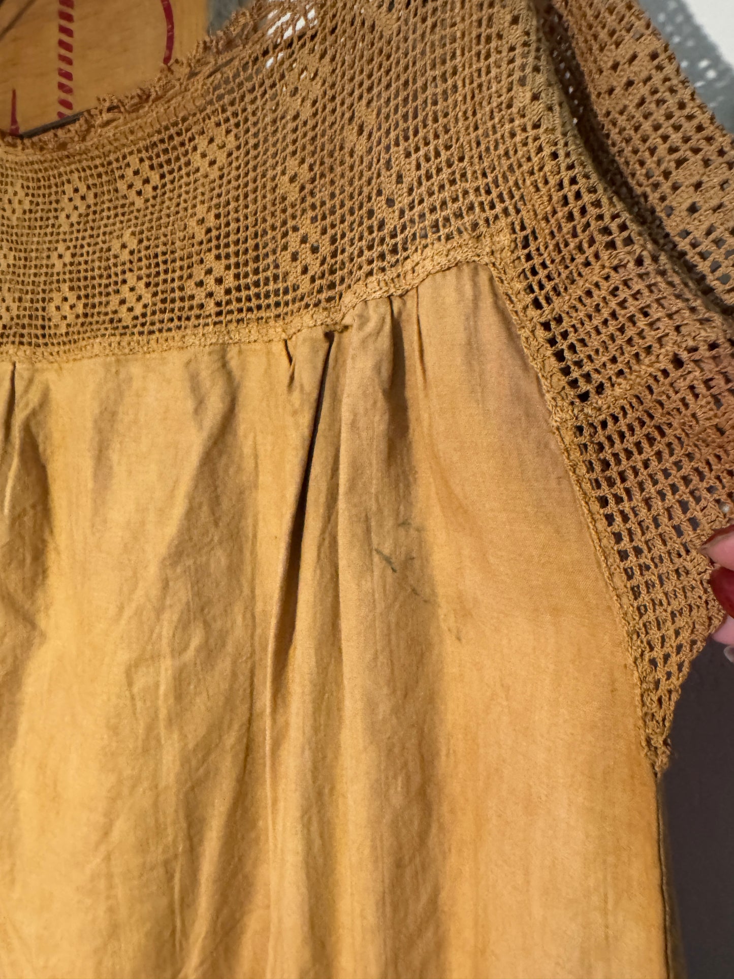 Antique Edwardian Crocheted Yoke Plant Dyed Mustard Yellow Nightgown