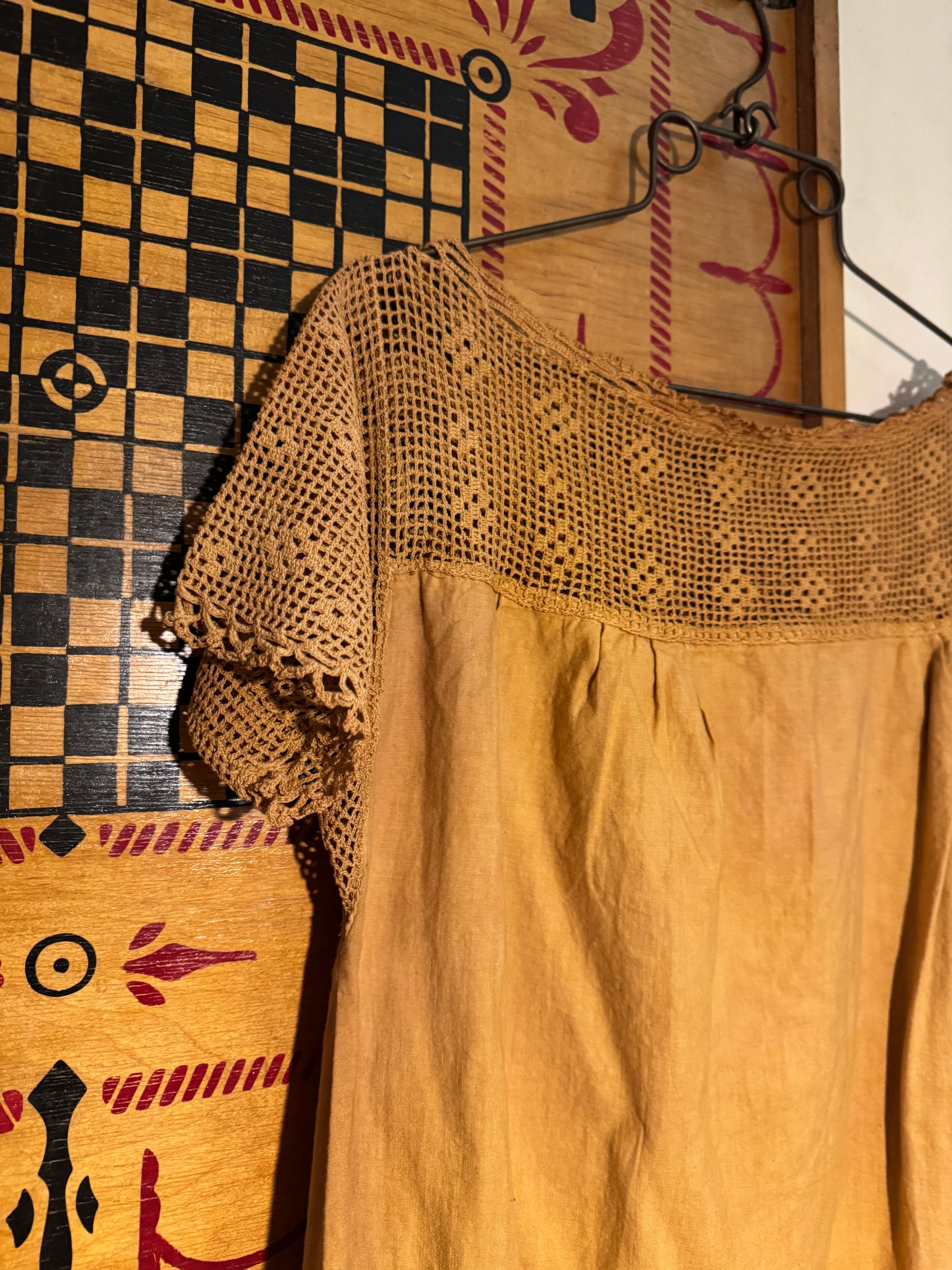 Antique Edwardian Crocheted Yoke Plant Dyed Mustard Yellow Nightgown