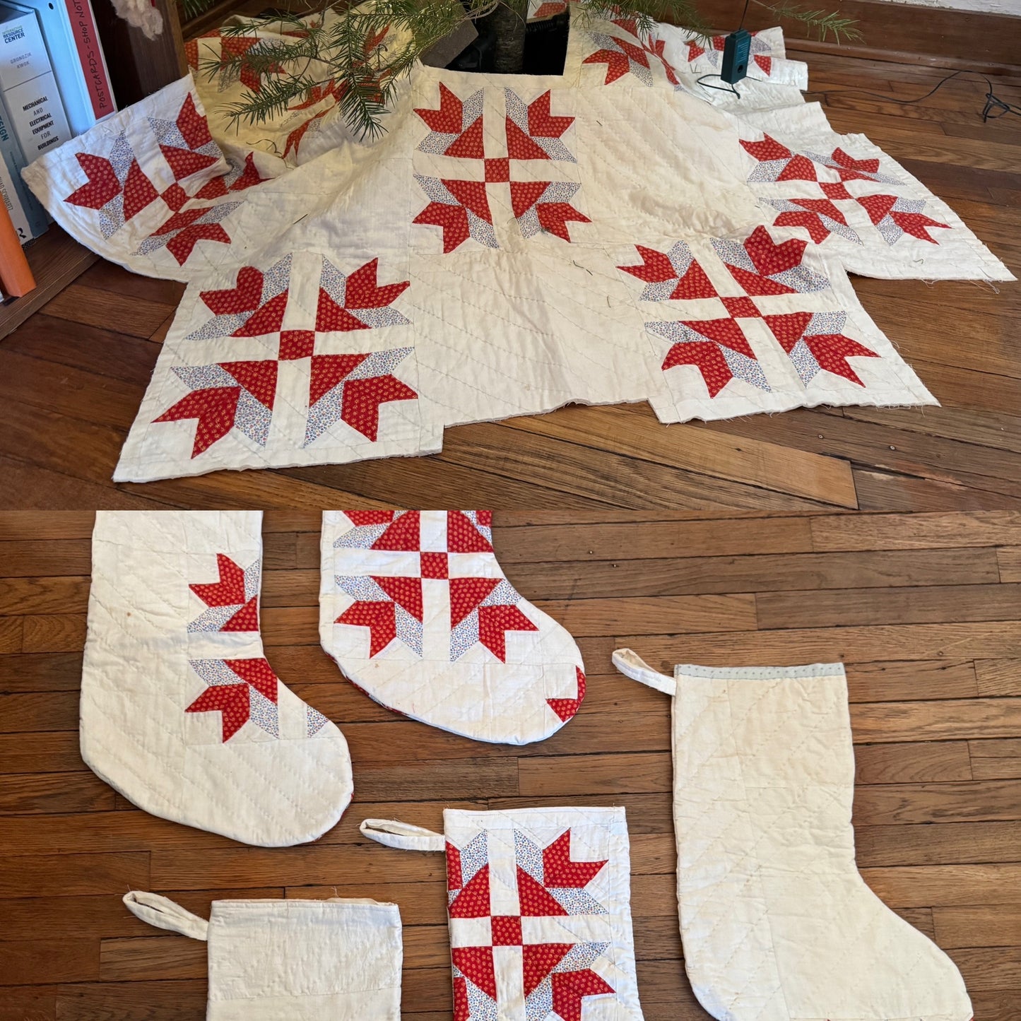 Vintage 1959 Flying Geese Tree Skirt and 5 Stockings