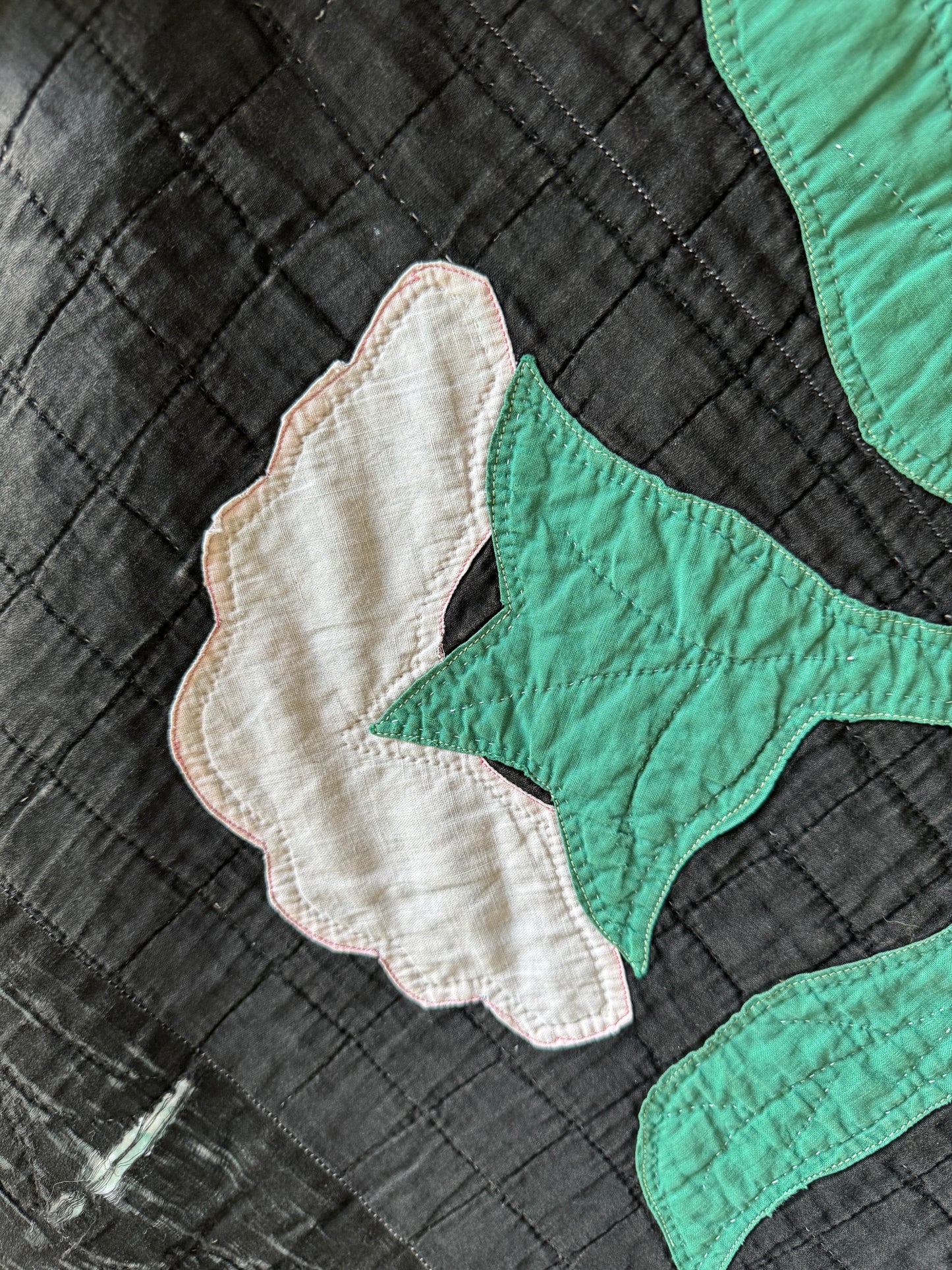 Antique 1910s-30s Rare Black Amish Floral Appliqué Quilt