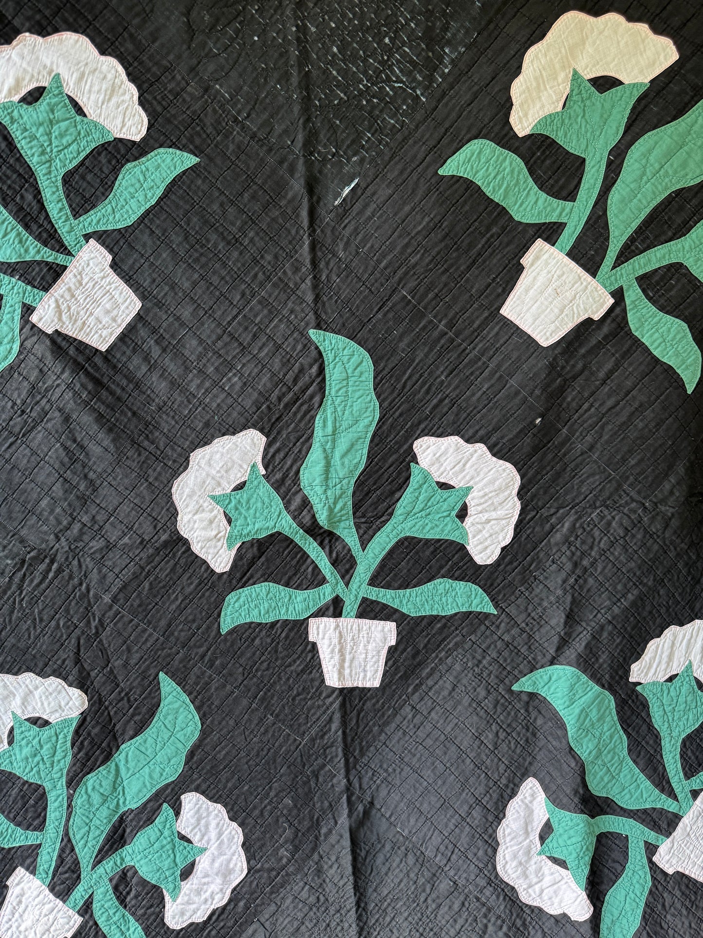 Antique 1910s-30s Rare Black Amish Floral Appliqué Quilt