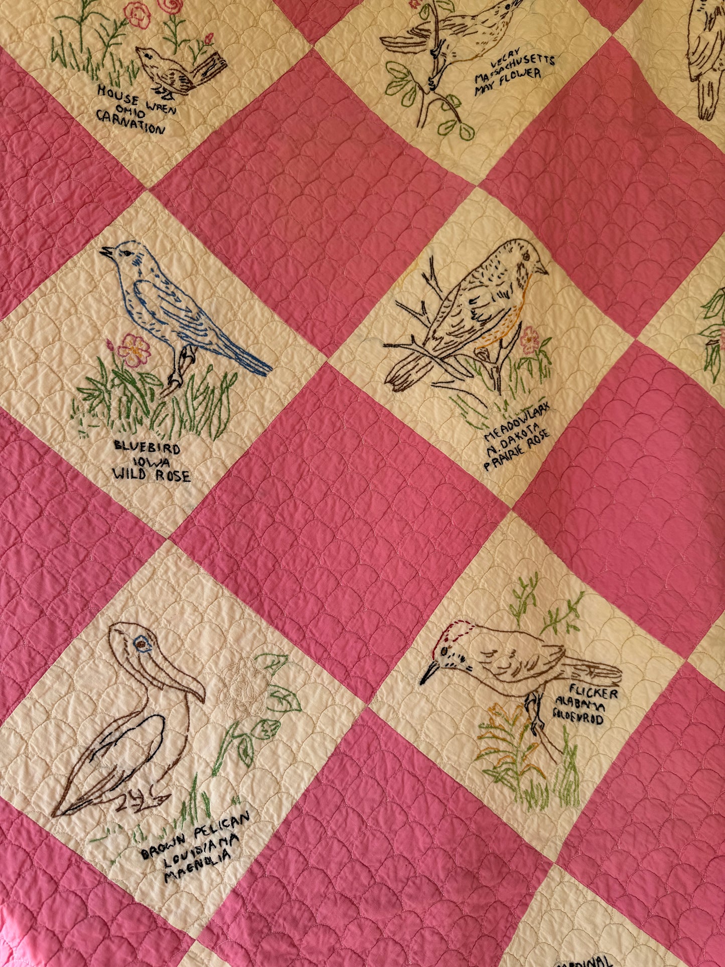 Vintage 1930s-50s Pink State Bird & Flower Embroidered Quilt