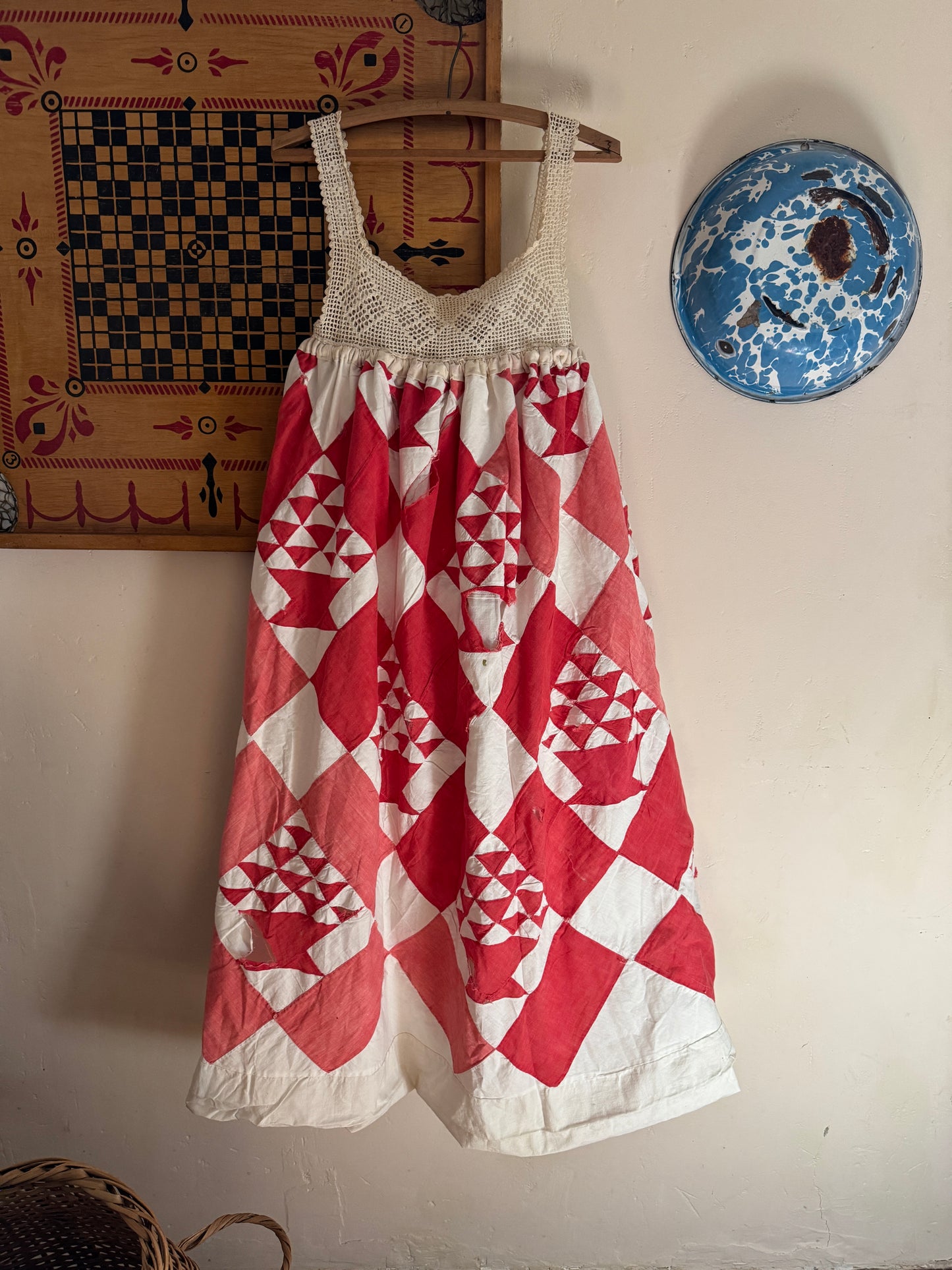 Handmade Red Basket Quilt Dress with Antique Crocheted Yoke