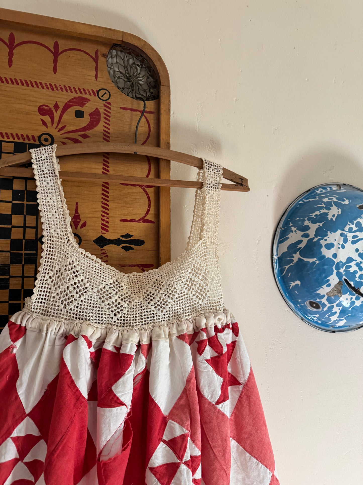 Handmade Red Basket Quilt Dress with Antique Crocheted Yoke