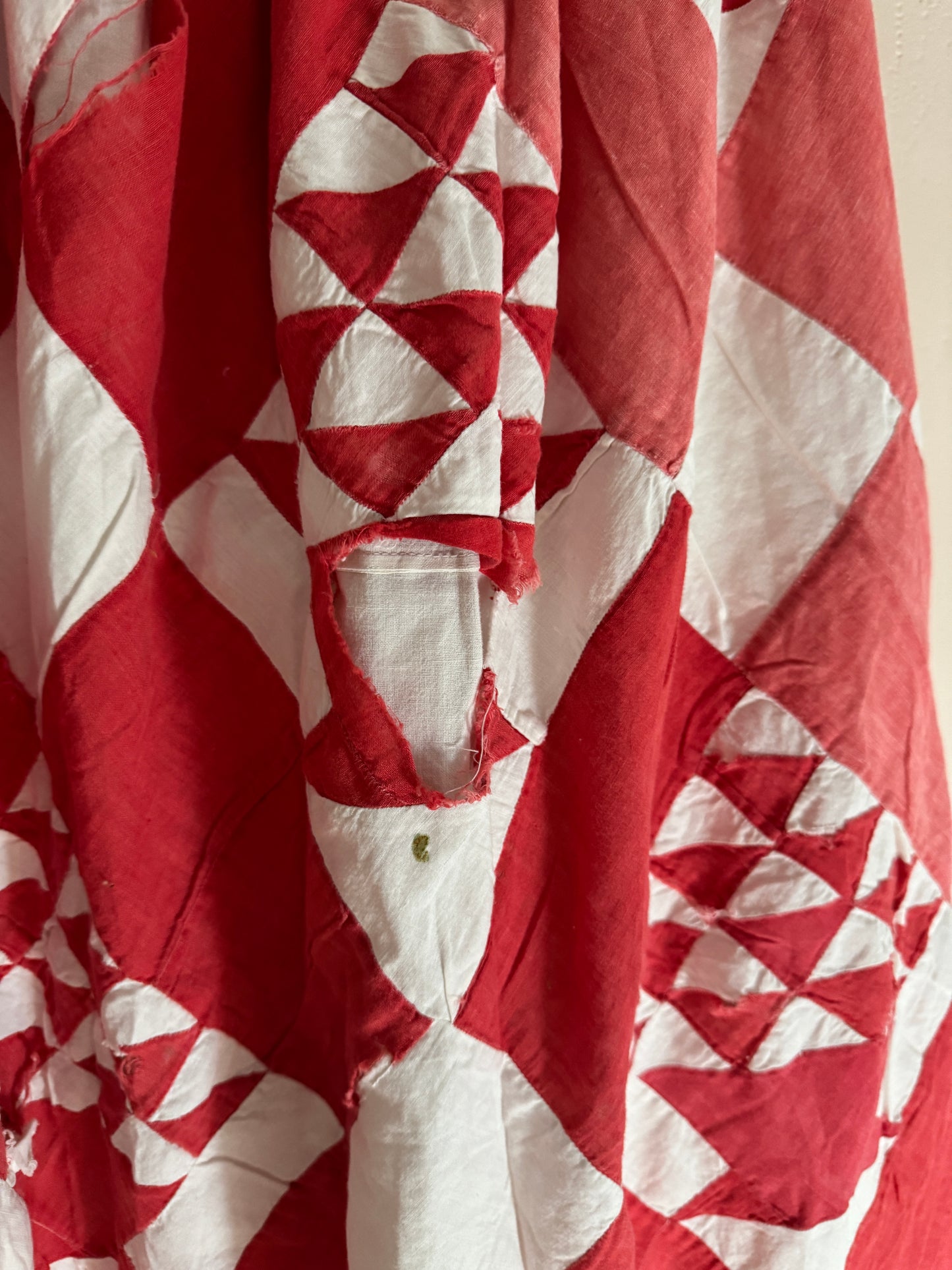 Handmade Red Basket Quilt Dress with Antique Crocheted Yoke