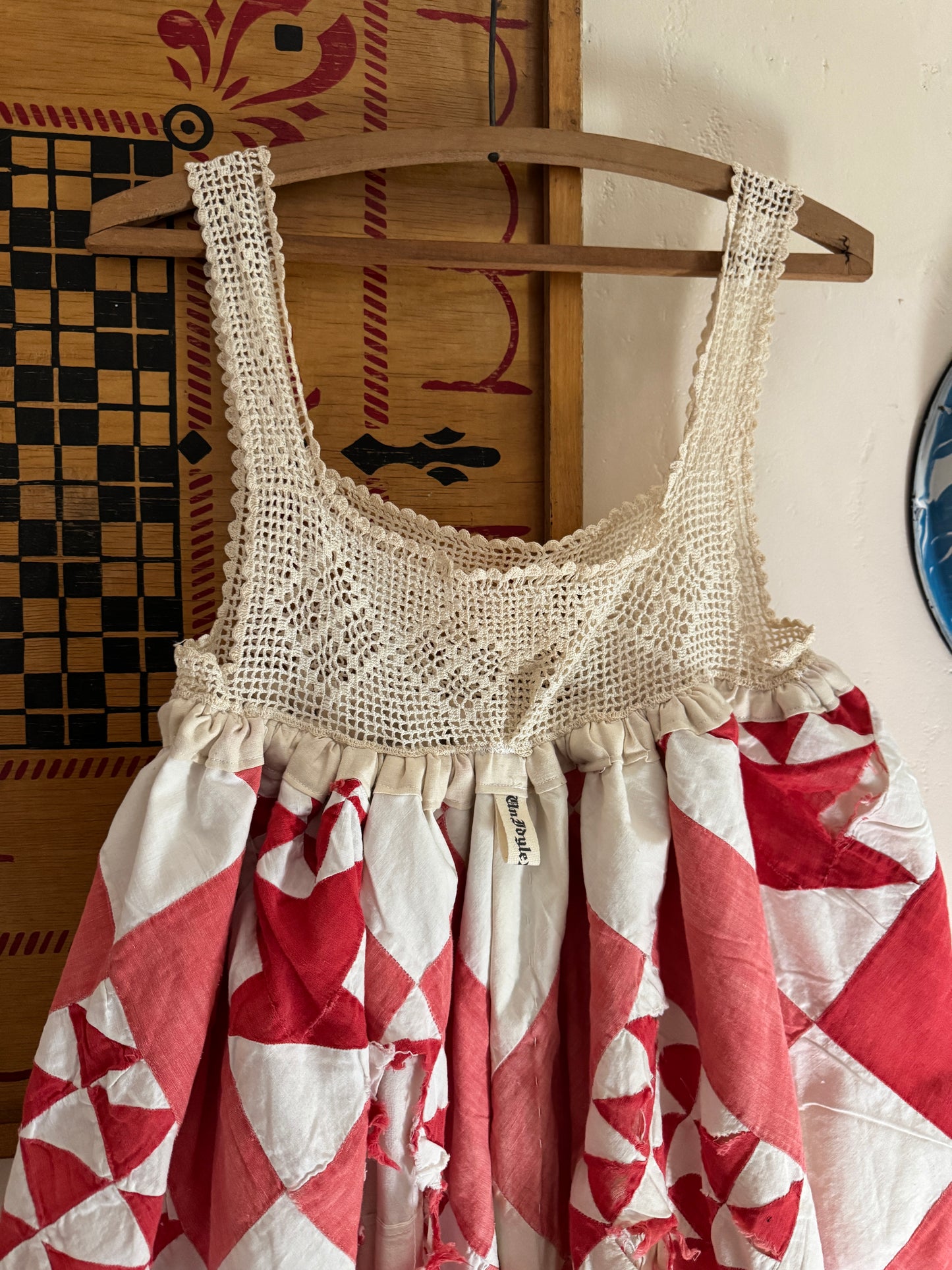 Handmade Red Basket Quilt Dress with Antique Crocheted Yoke