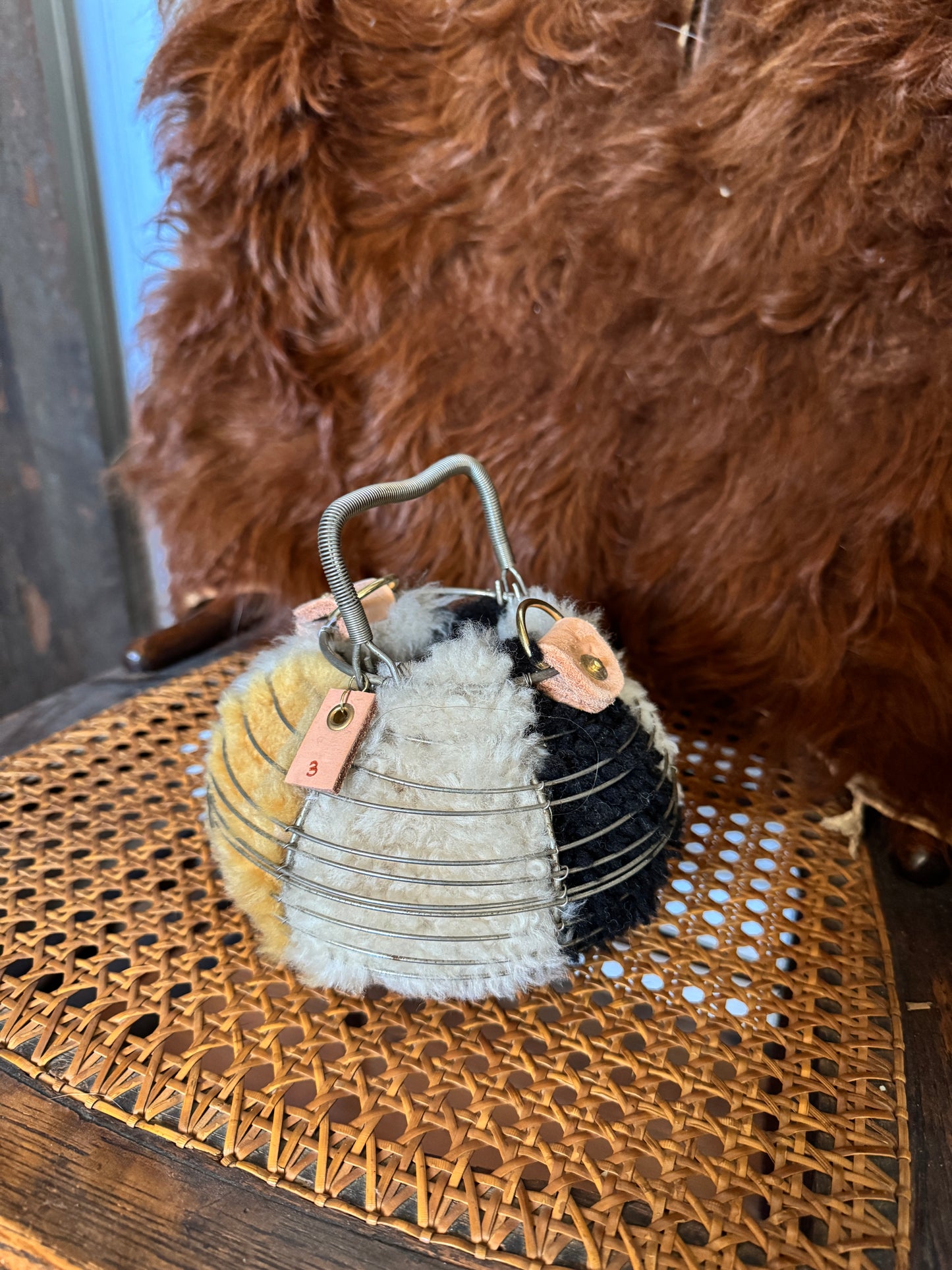 Handmade Shearling Antique Egg Basket Purse #3