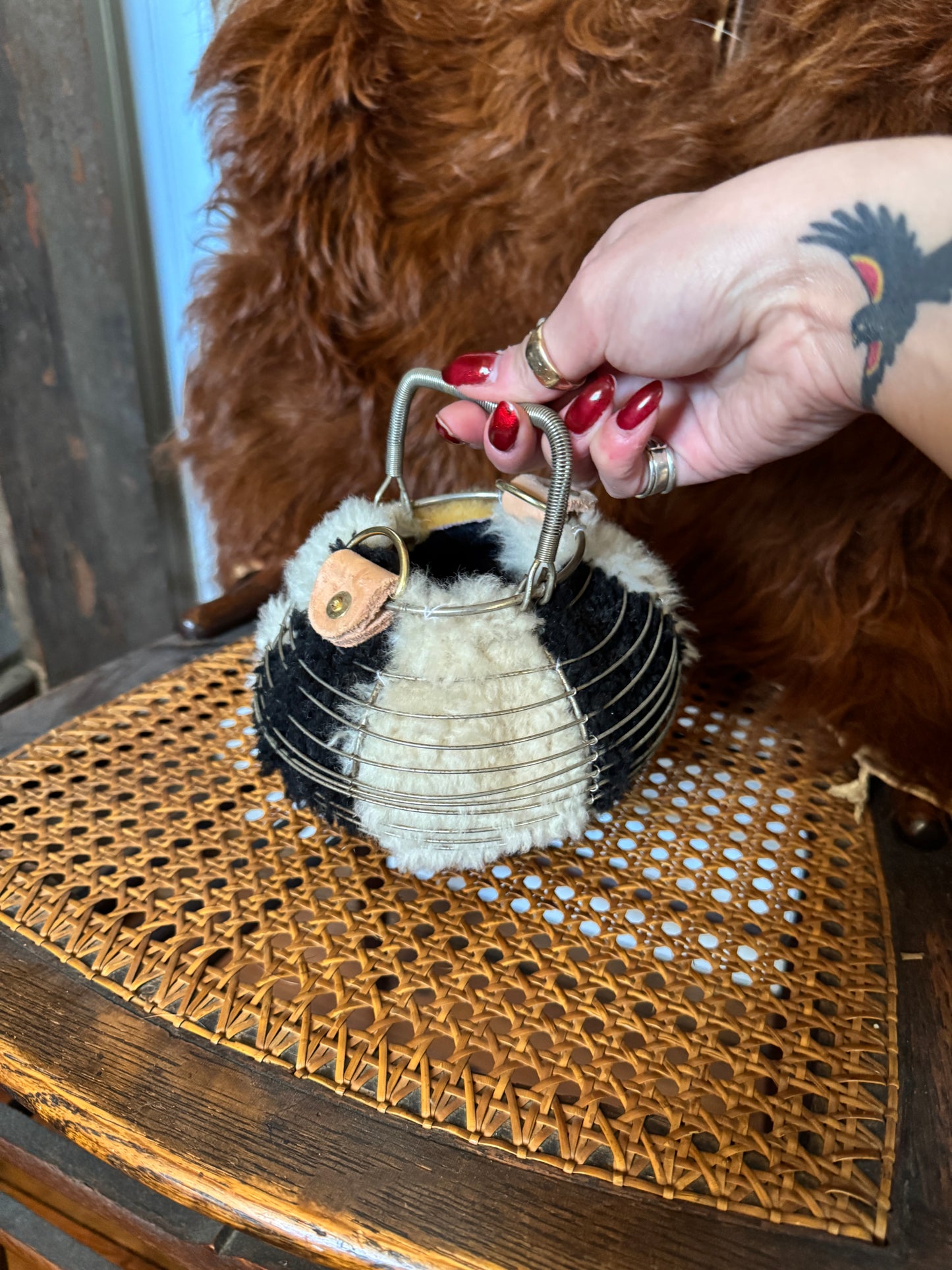 Handmade Shearling Antique Egg Basket Purse #3