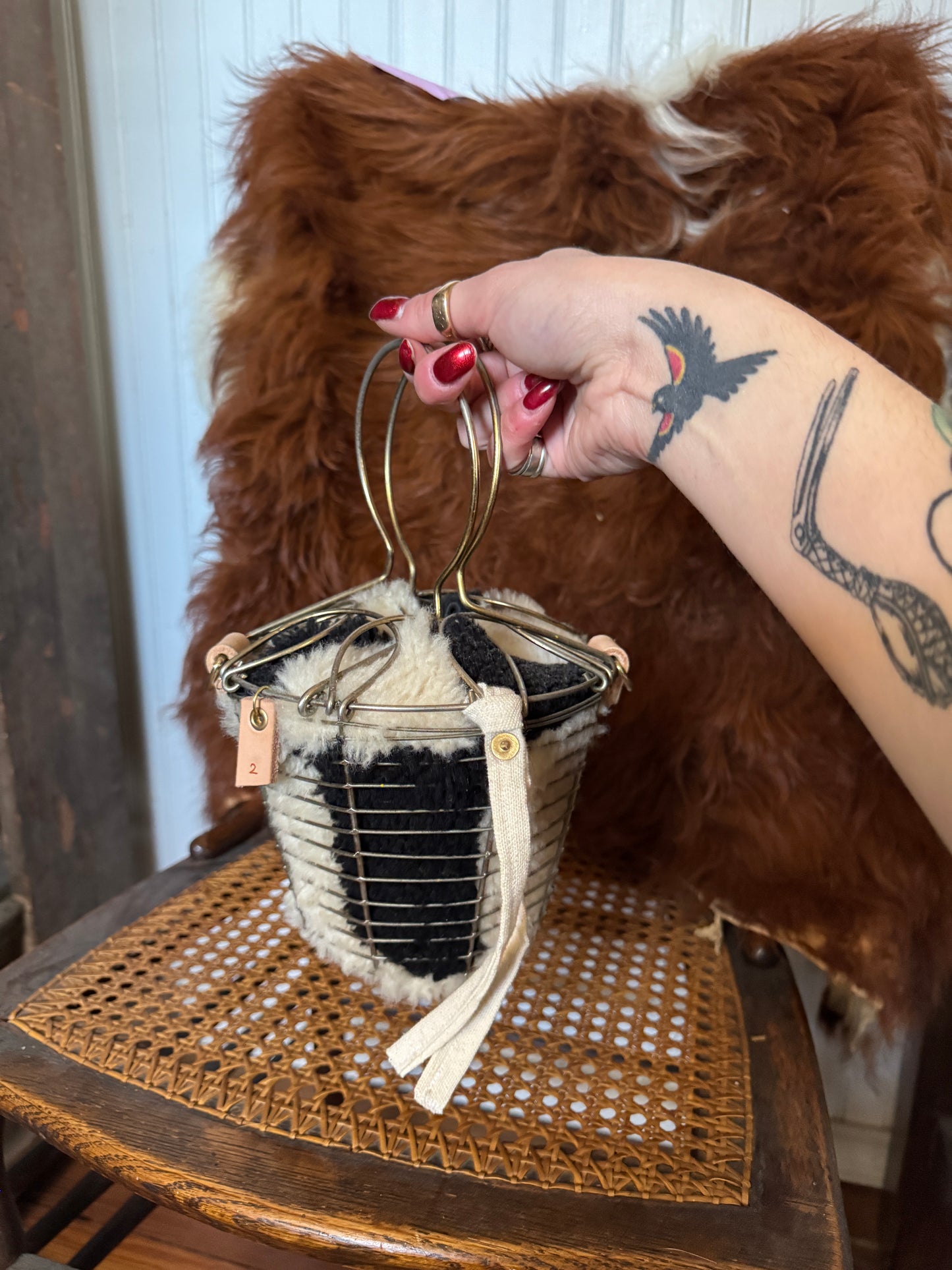Handmade Shearling Antique Egg Basket Purse #2