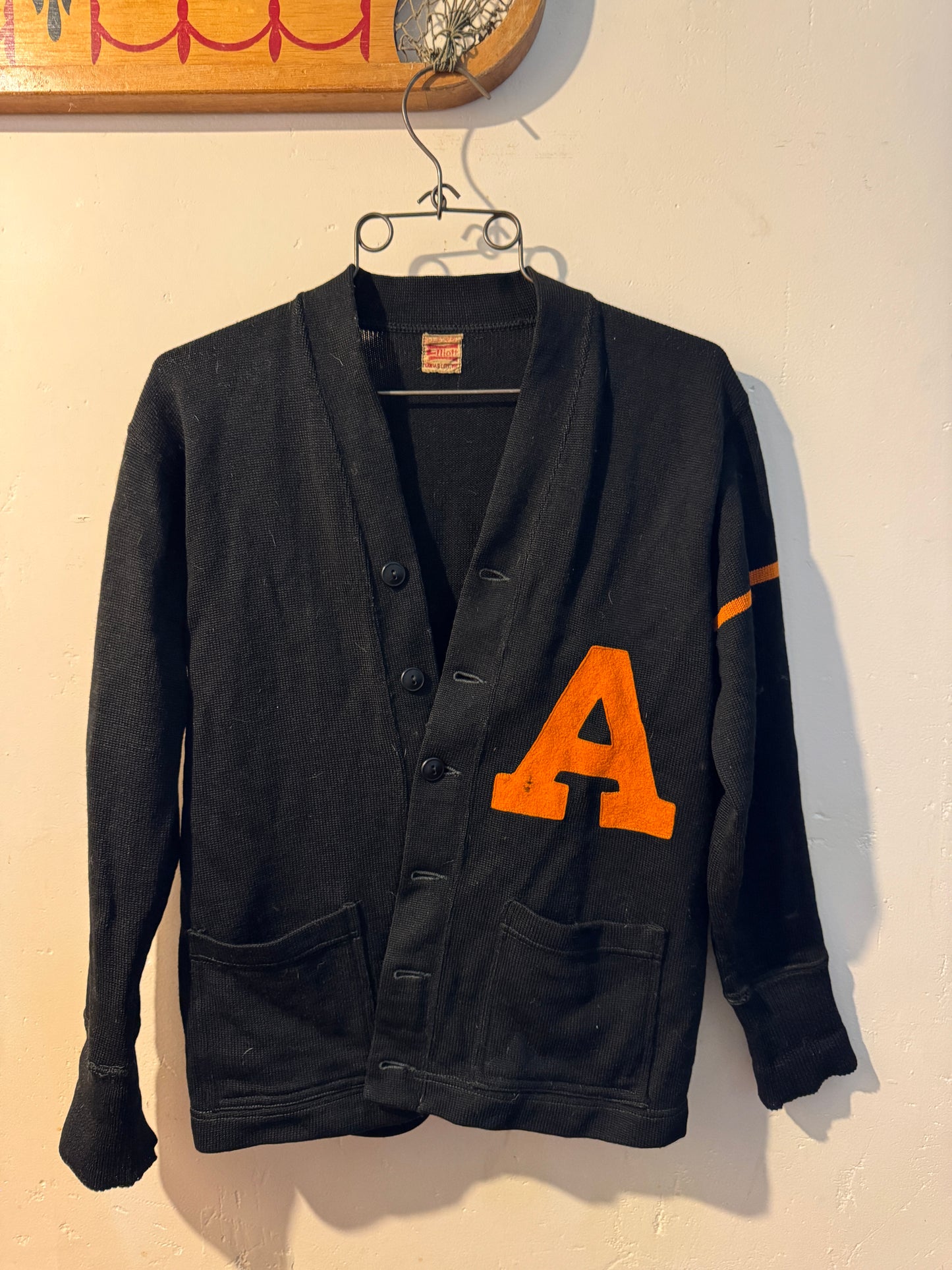 Vintage 1940s Black Wool and Orange “A” Letter Cardigan