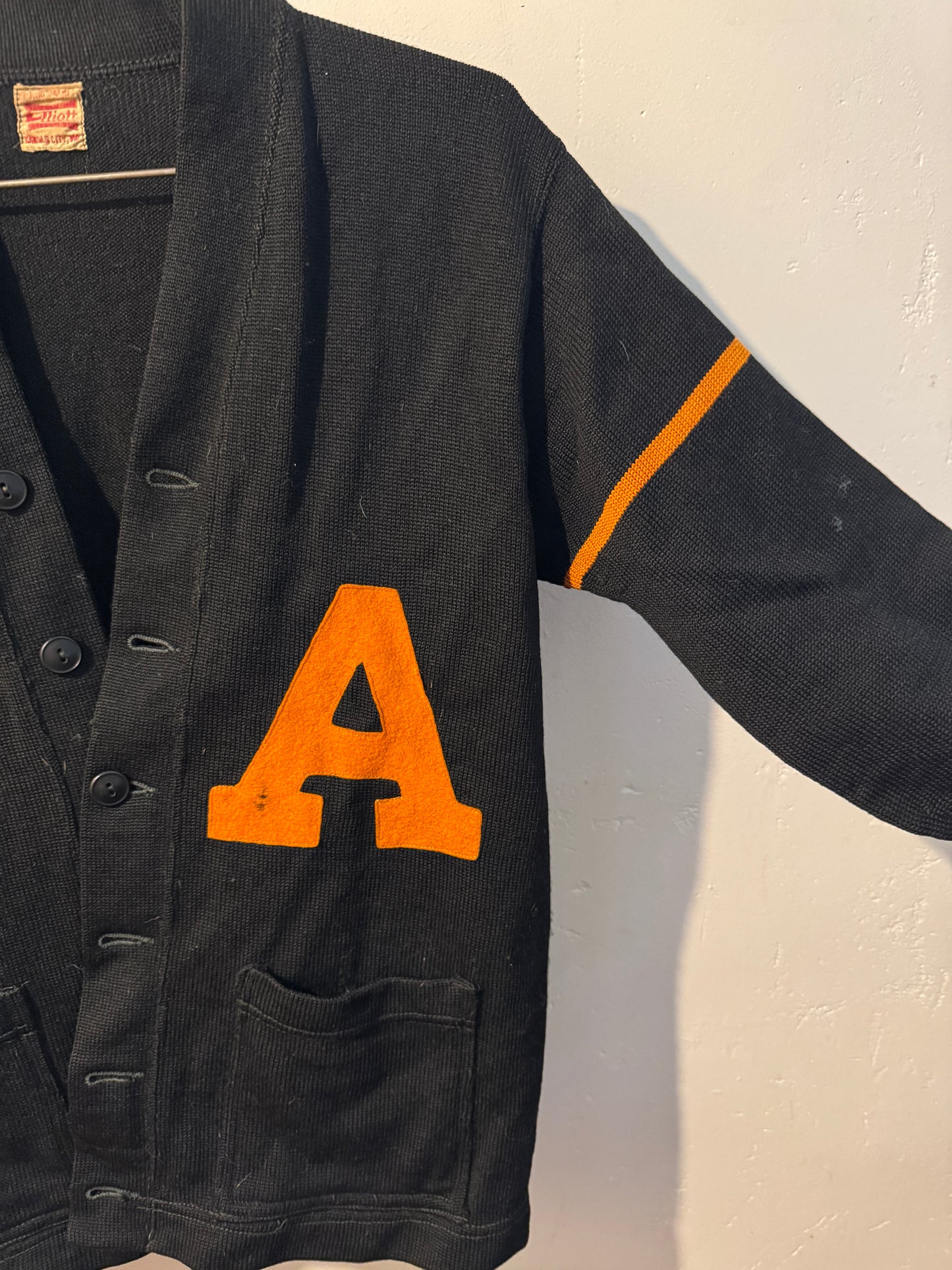 Vintage 1940s Black Wool and Orange “A” Letter Cardigan
