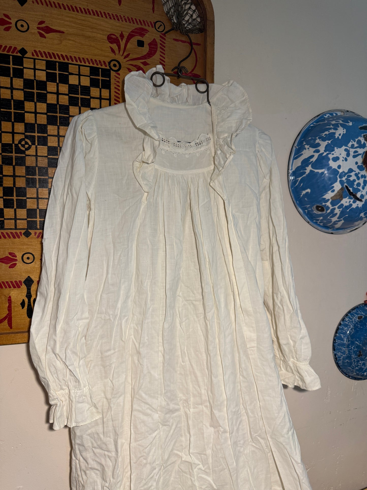 Antique Victorian Long Sleeved Cotton Asymmetrical Opening Nightgown