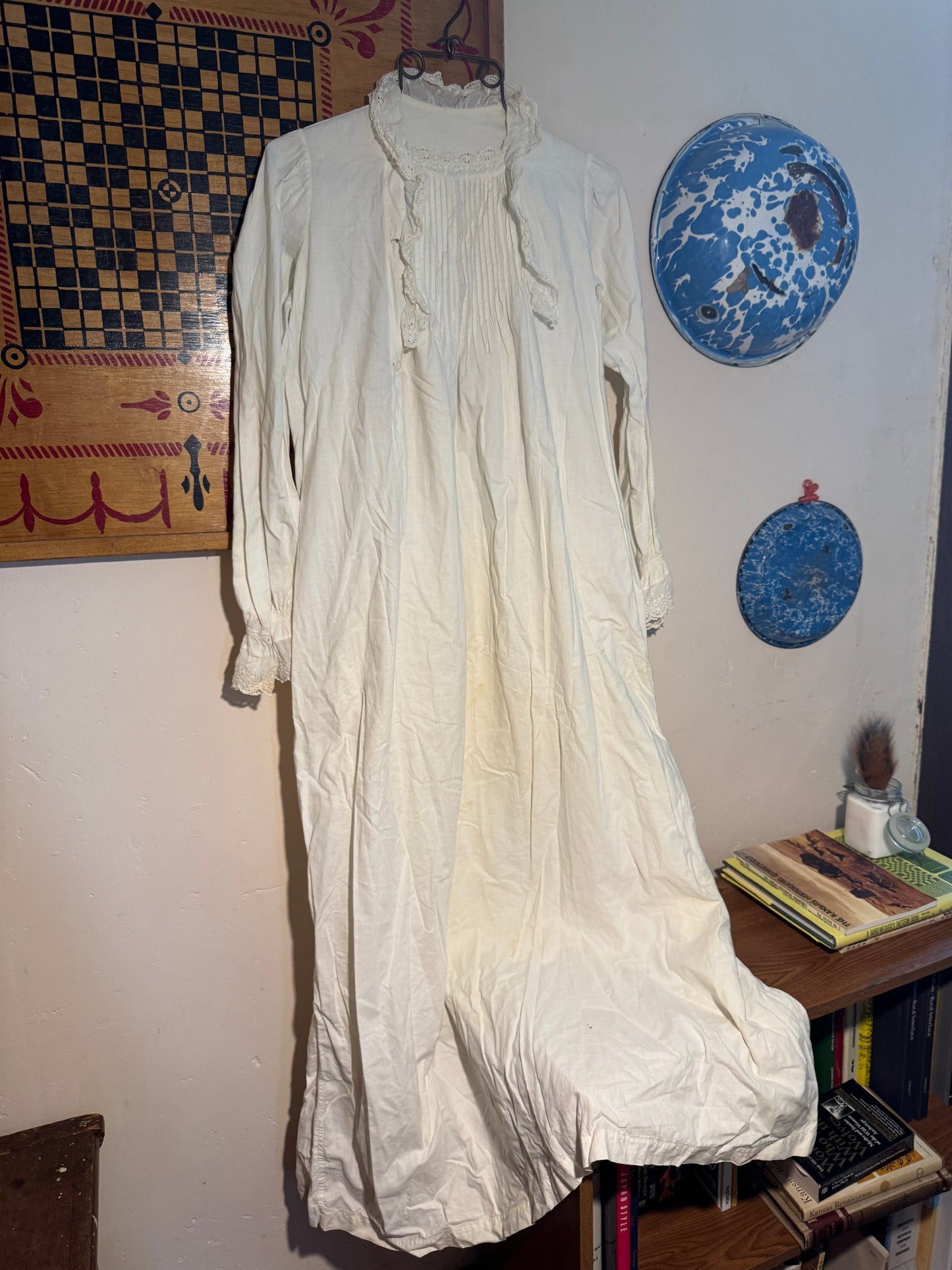 Antique Victorian Pin Tucked Long Sleeve Asymmetrical Opening Nightgown