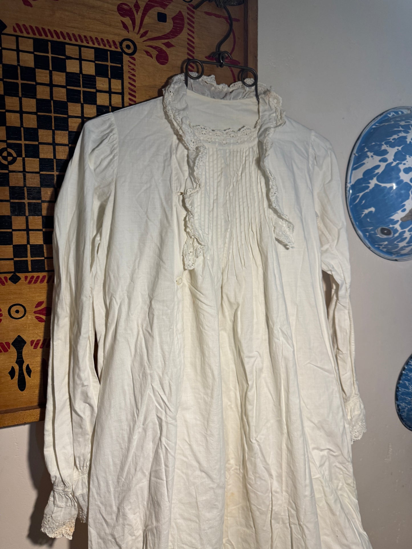 Antique Victorian Pin Tucked Long Sleeve Asymmetrical Opening Nightgown