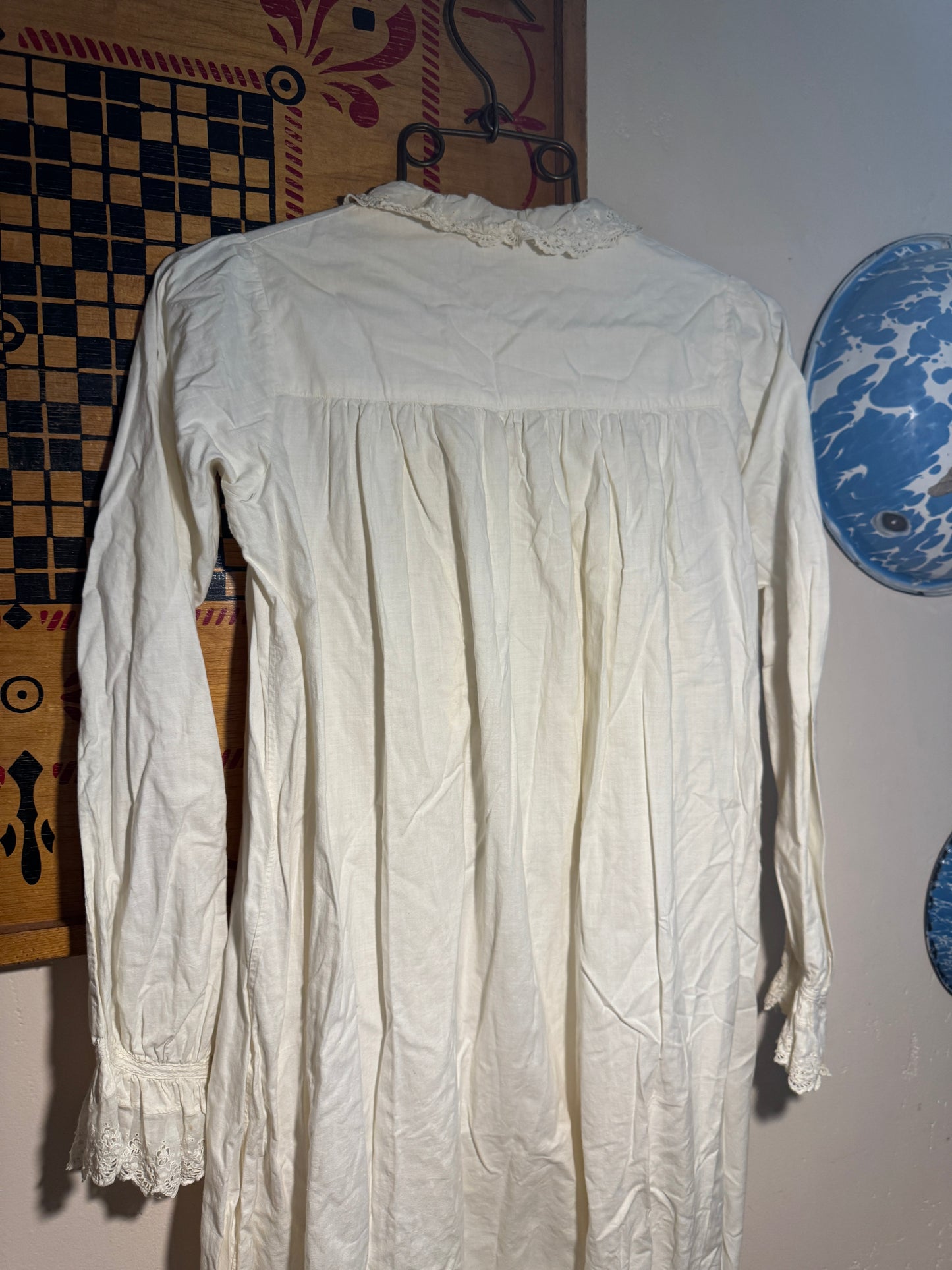 Antique Victorian Pin Tucked Long Sleeve Asymmetrical Opening Nightgown