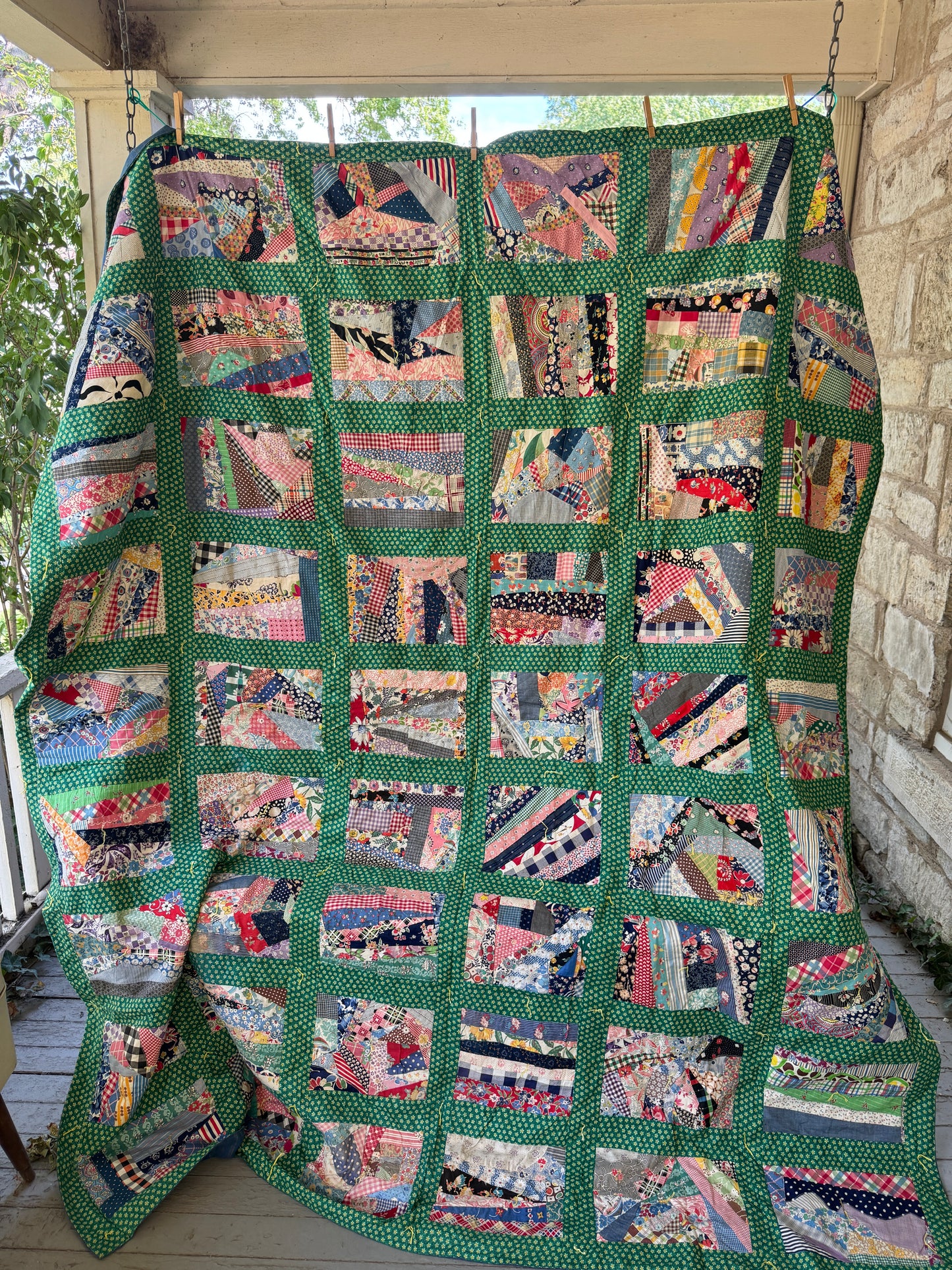 Vintage 1920s-30s Green Feedsack Crazy Tie Quilt