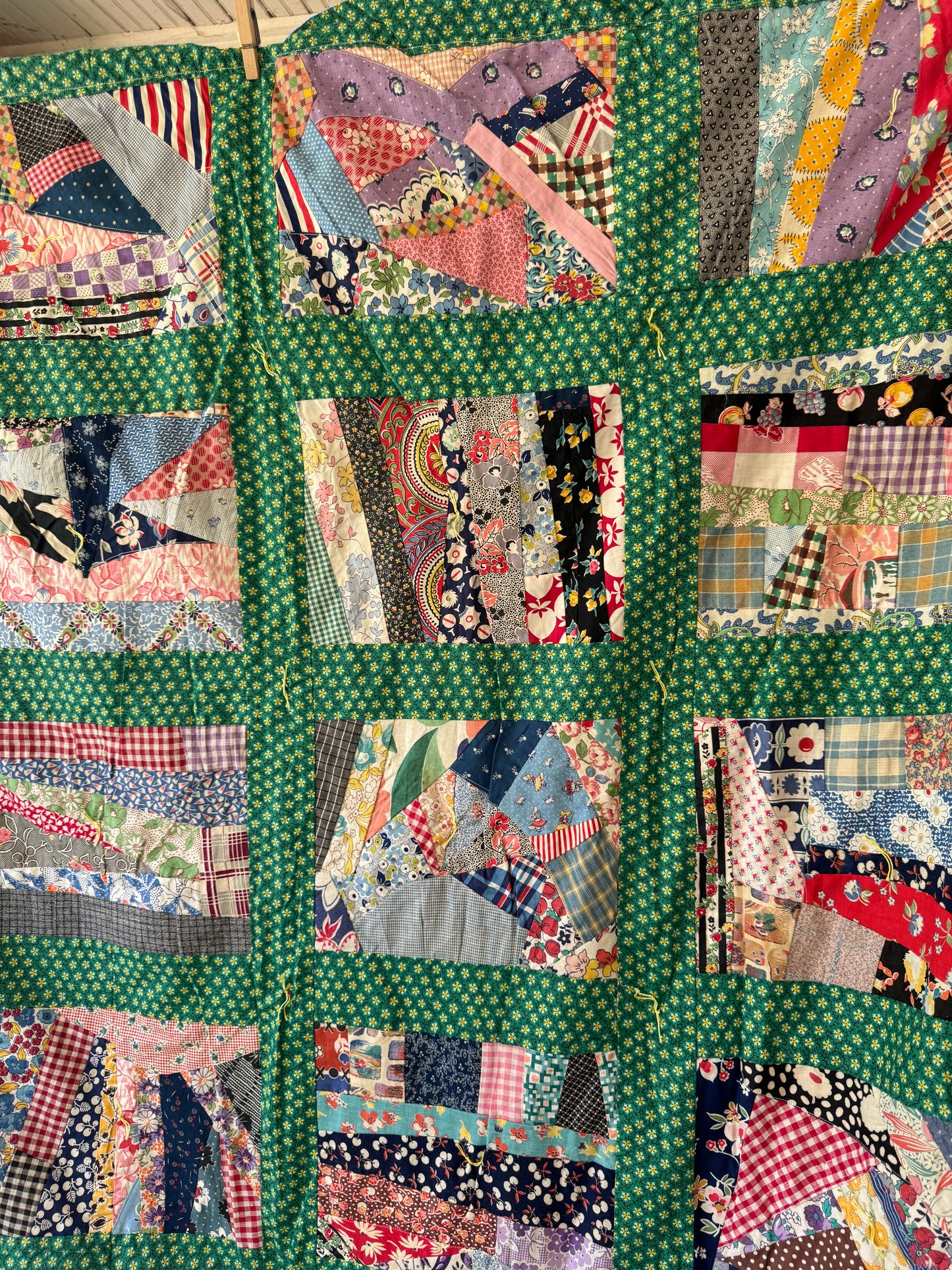 Vintage 1920s-30s Green Feedsack Crazy Tie Quilt