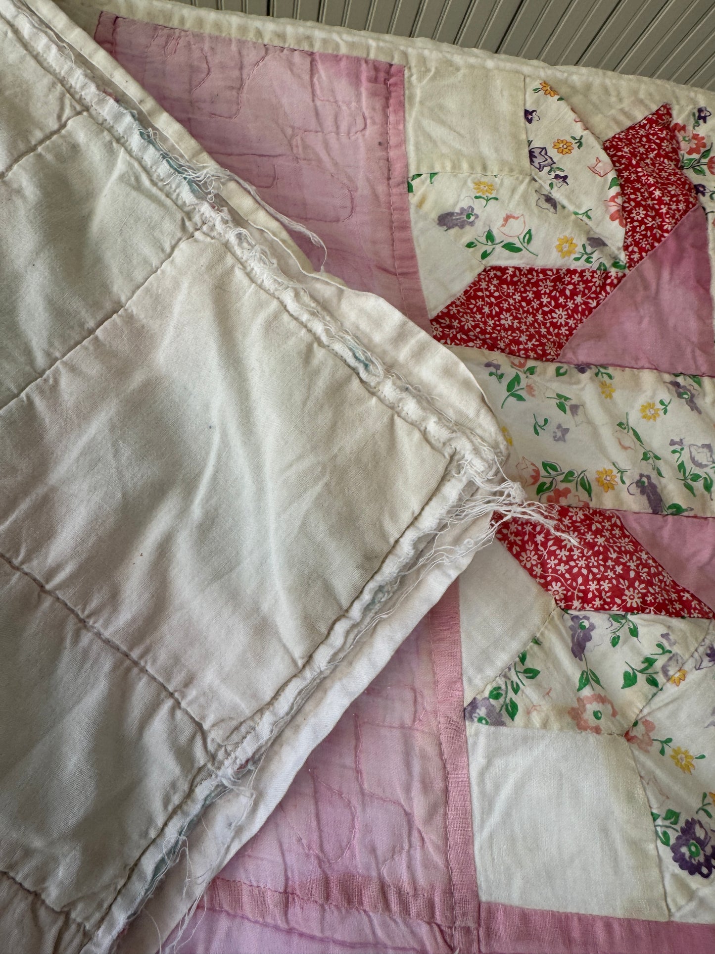 Vintage 1930s-40s Pink Goose Tracks Feedsack Quilt