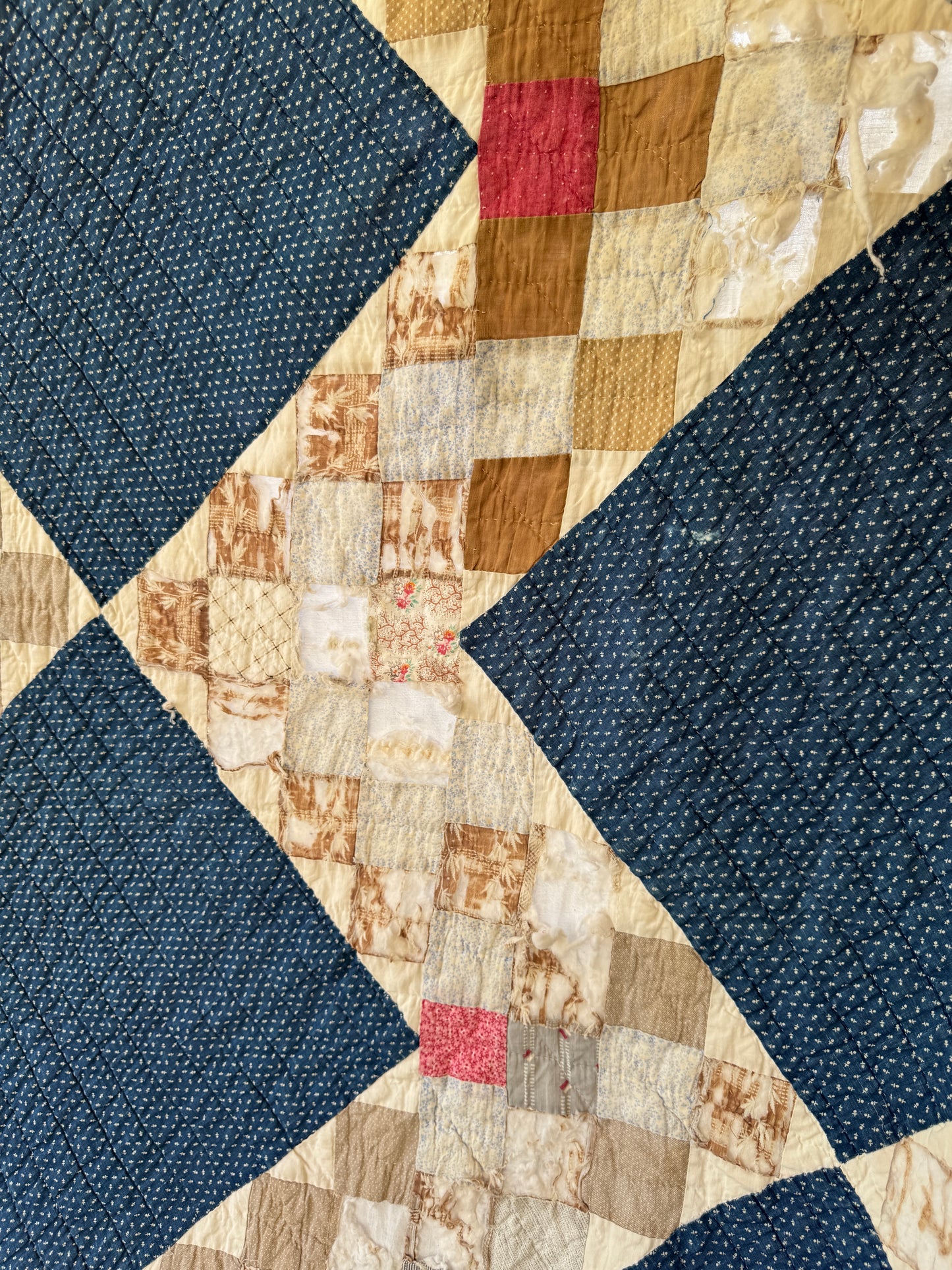Antique 1840s-80s Indigo Square 9-Patch Variant Quilt