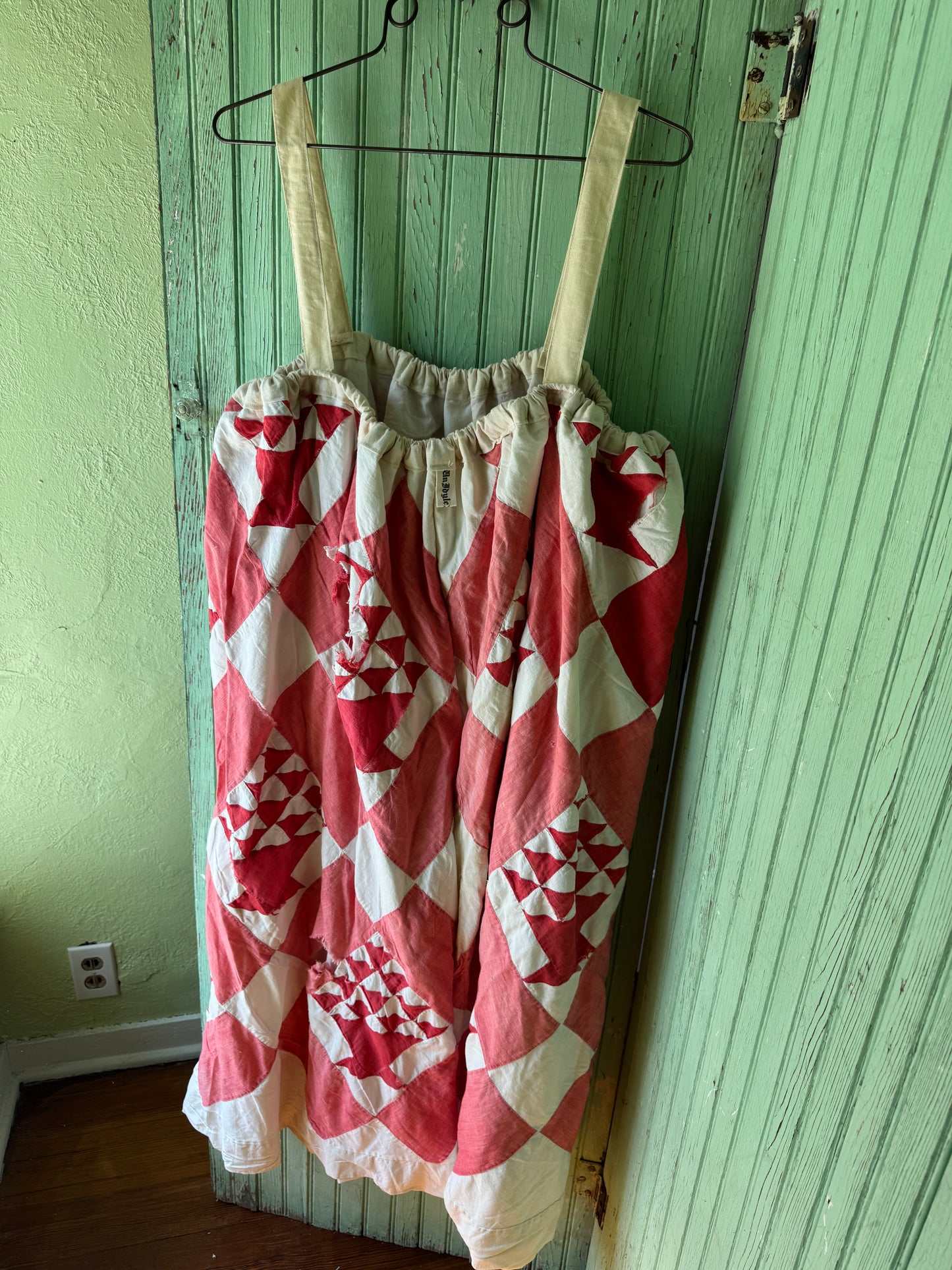 Handmade Red Basket Quilt Dress with Antique Crocheted Yoke