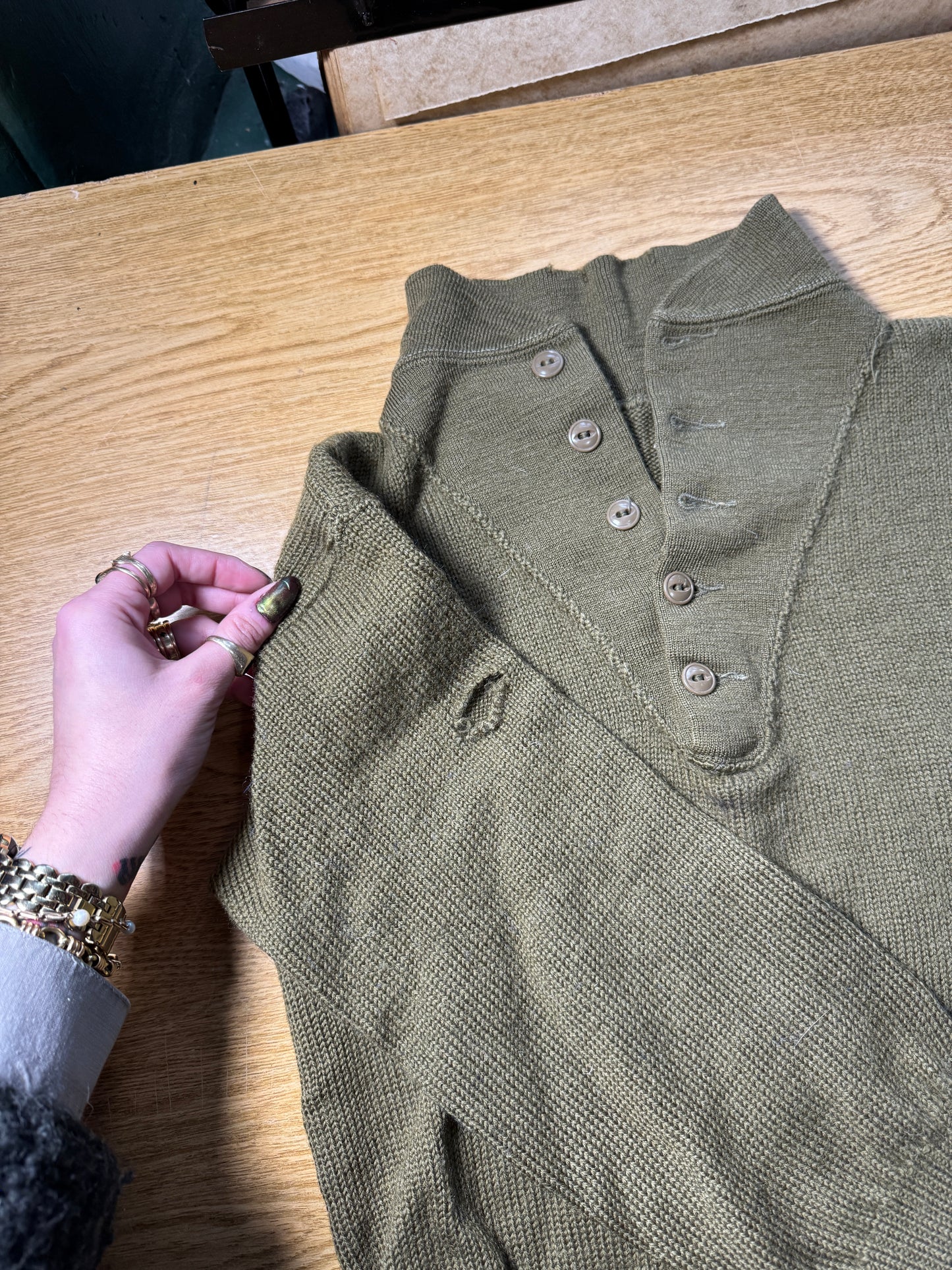 Vintage US Military Green Turtleneck Button Sweater