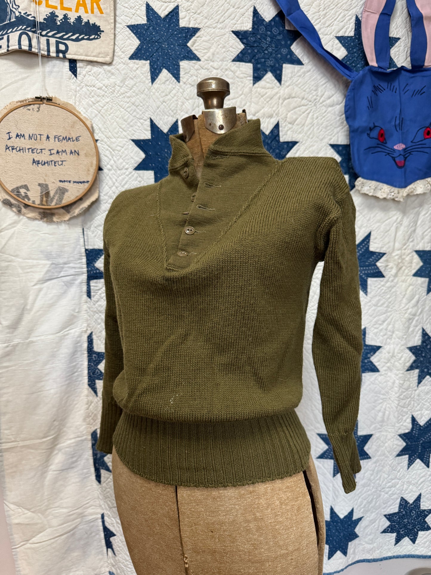 Vintage US Military Green Turtleneck Button Sweater