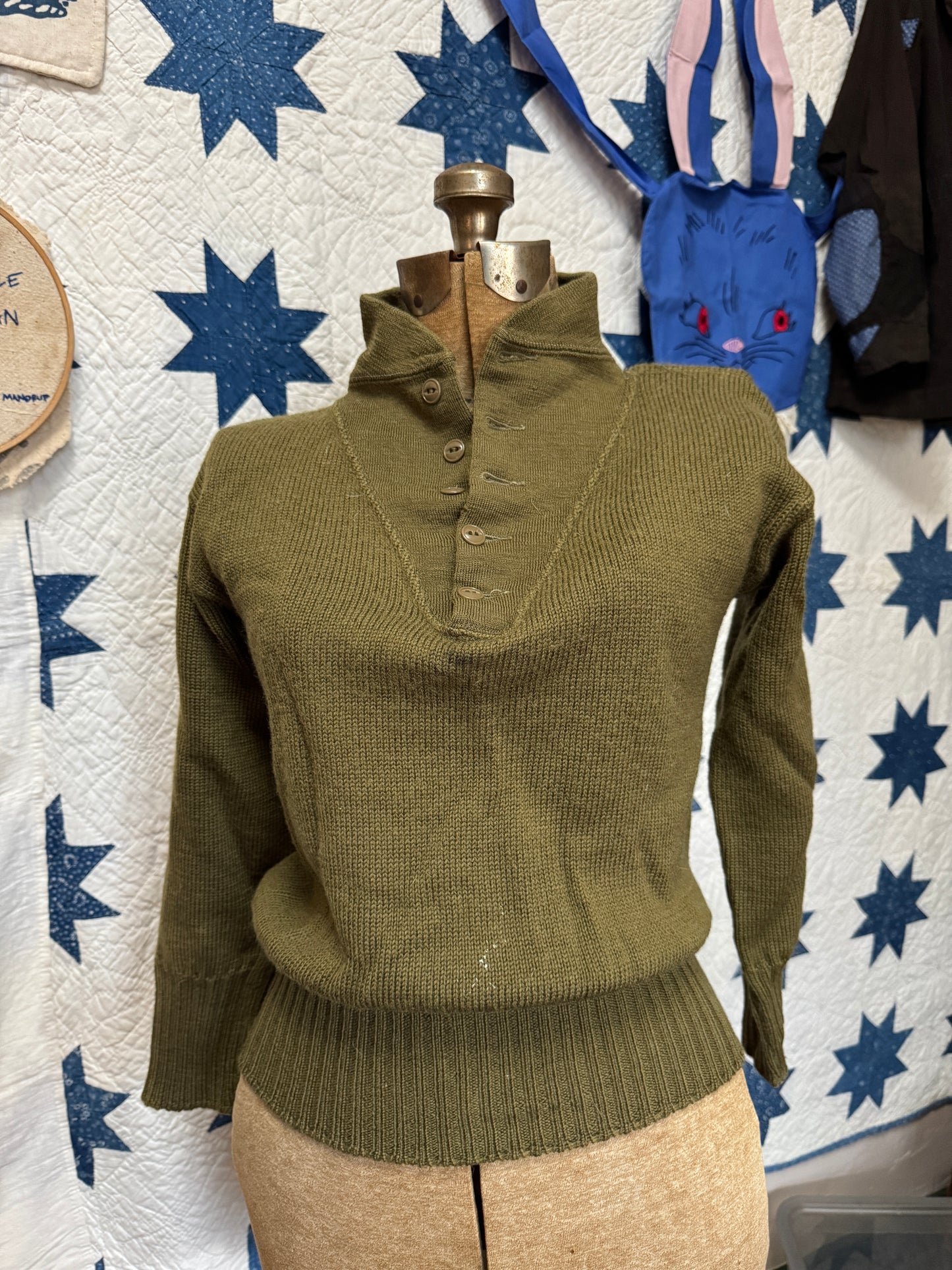 Vintage US Military Green Turtleneck Button Sweater