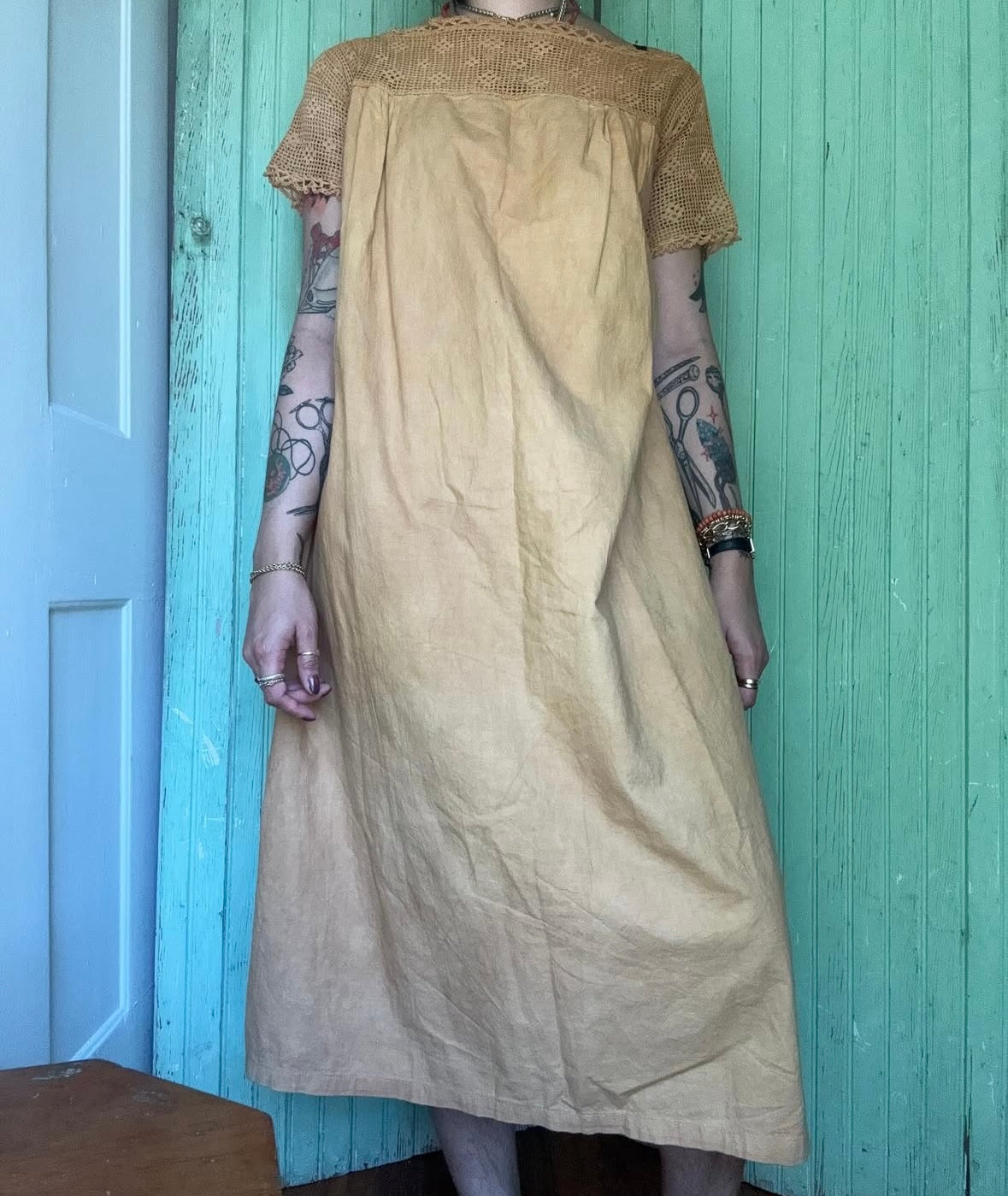 Antique Edwardian Crocheted Yoke Plant Dyed Mustard Yellow Nightgown