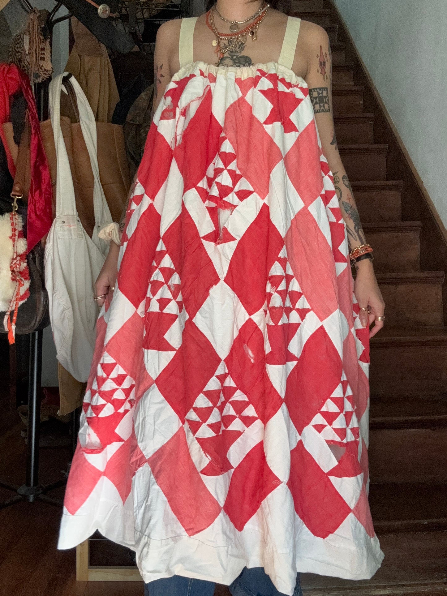 Handmade Red Basket Quilt Dress with Antique Crocheted Yoke