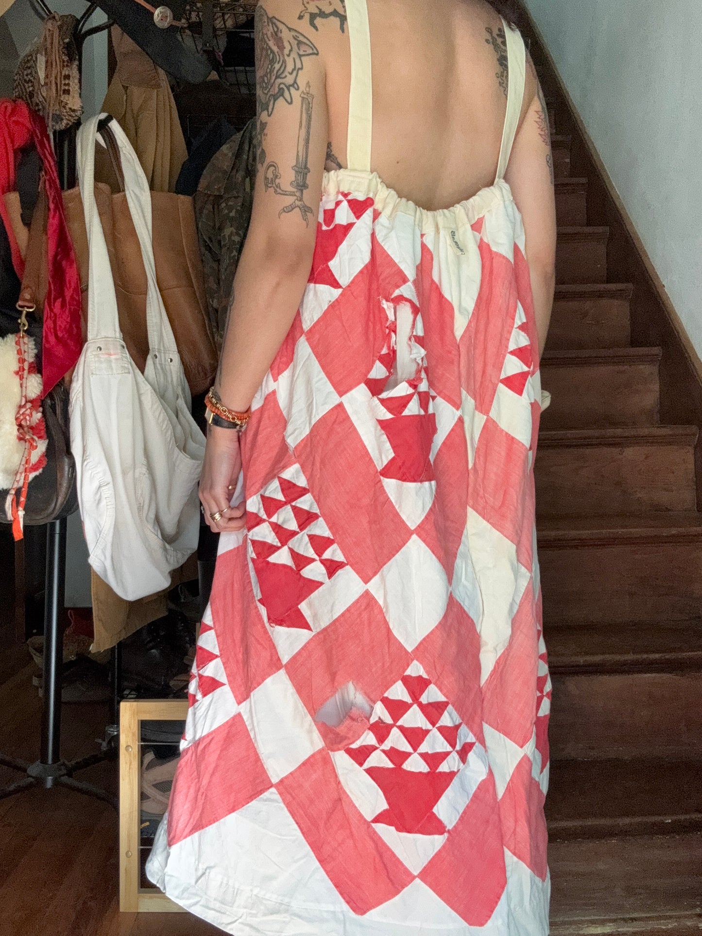 Handmade Red Basket Quilt Dress with Antique Crocheted Yoke