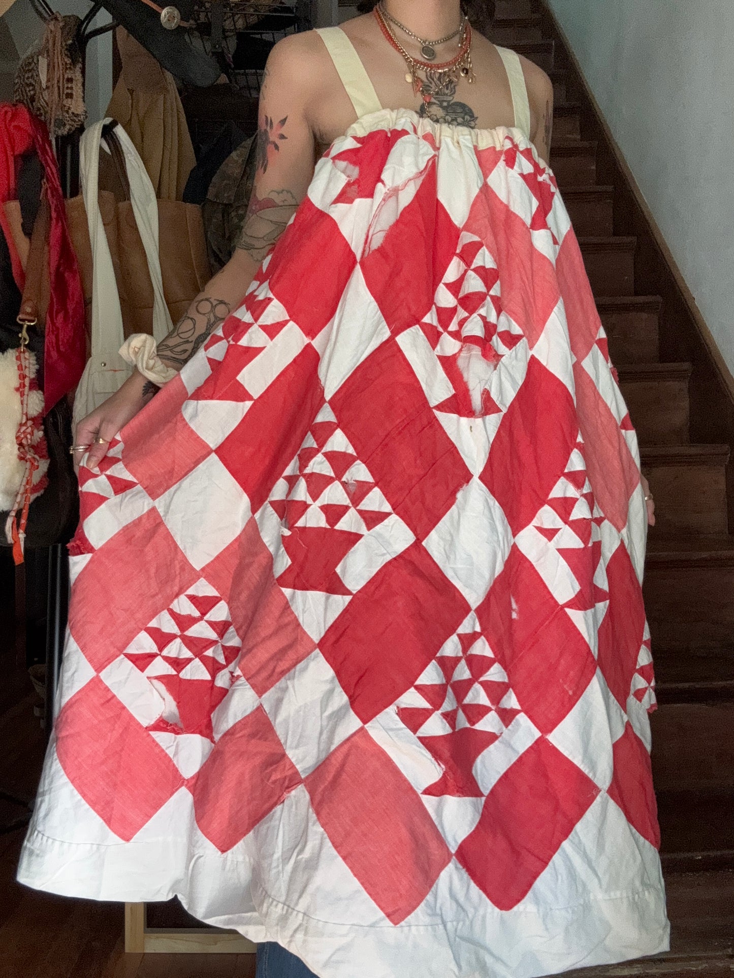 Handmade Red Basket Quilt Dress with Antique Crocheted Yoke