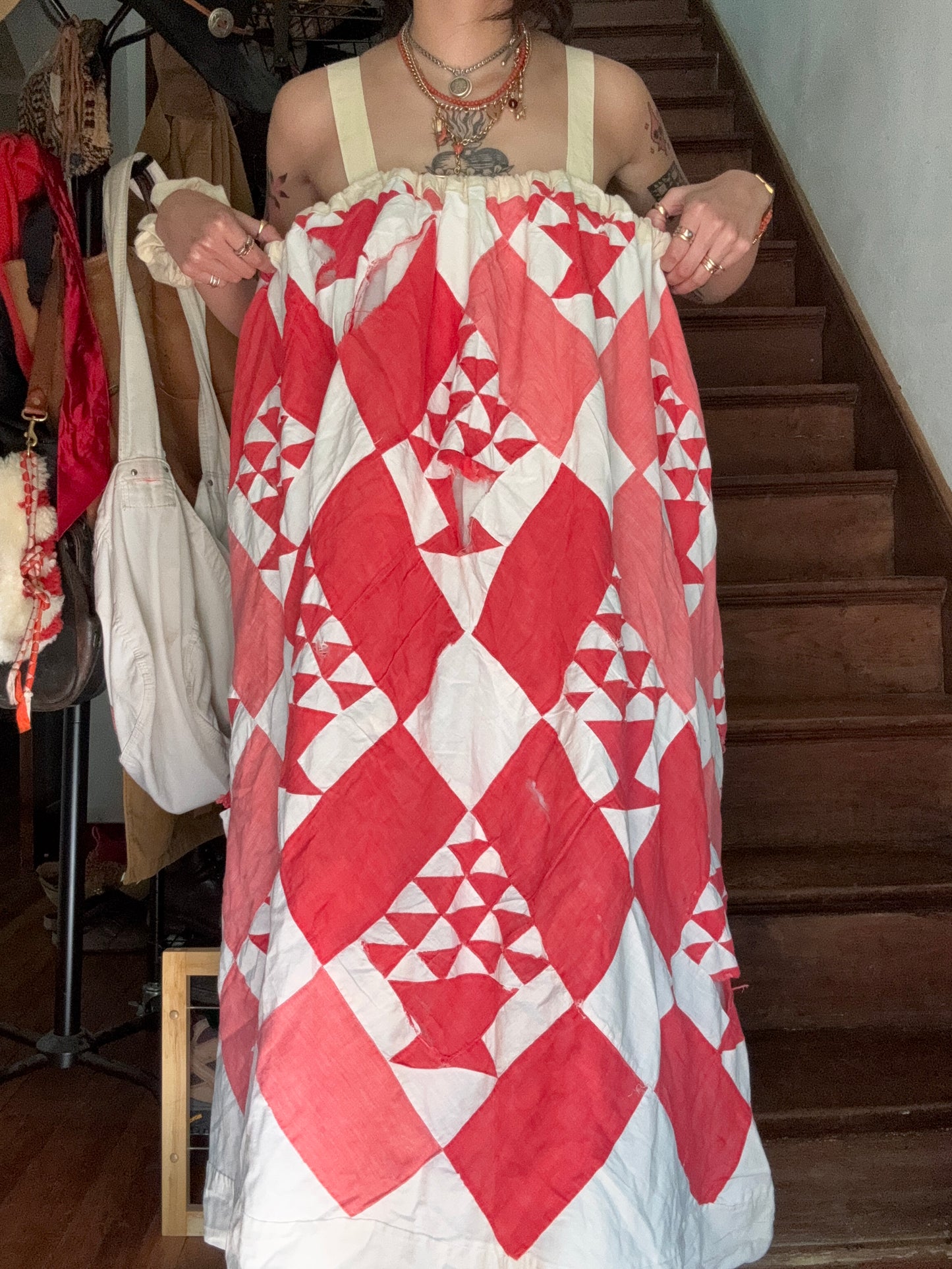 Handmade Red Basket Quilt Dress with Antique Crocheted Yoke