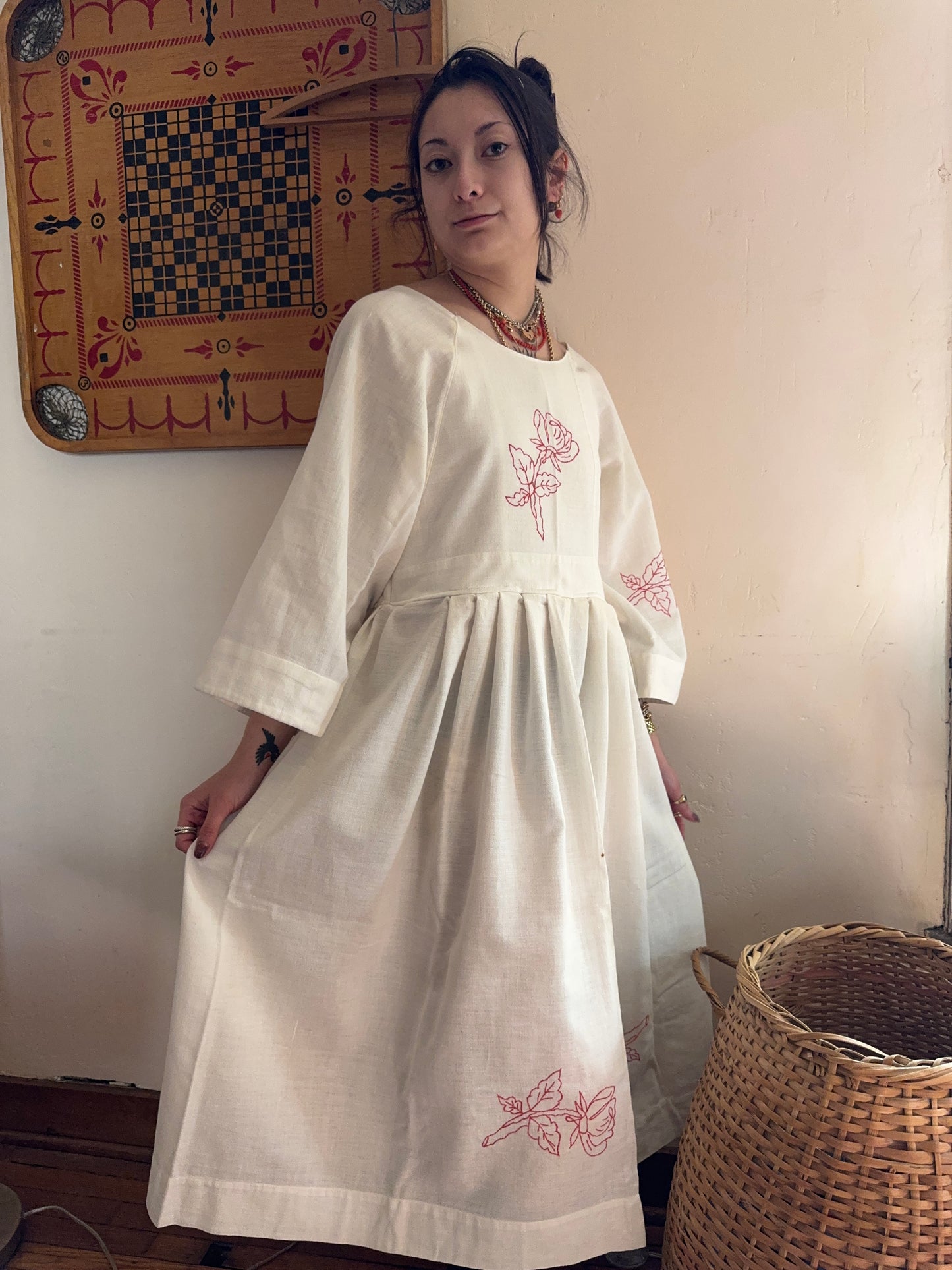 Handmade Vintage Embroidered Rose Tablecloth Dress