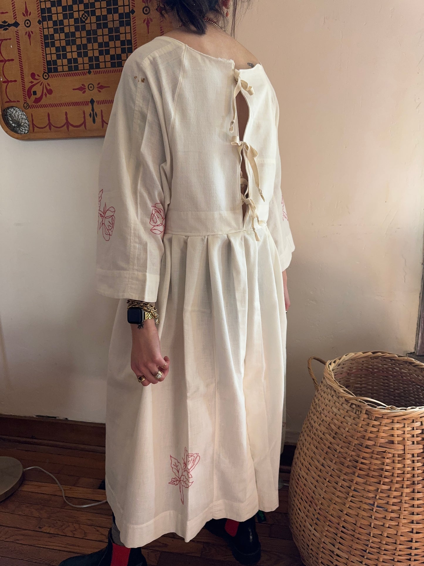 Handmade Vintage Embroidered Rose Tablecloth Dress