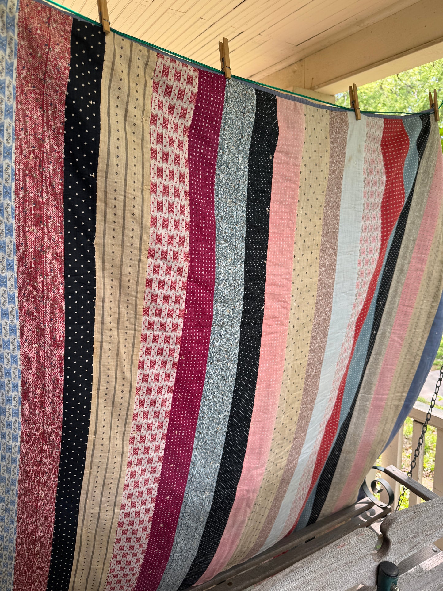 Antique 1870s-90s Reversible Bar Tie Quilt with pink and indigo