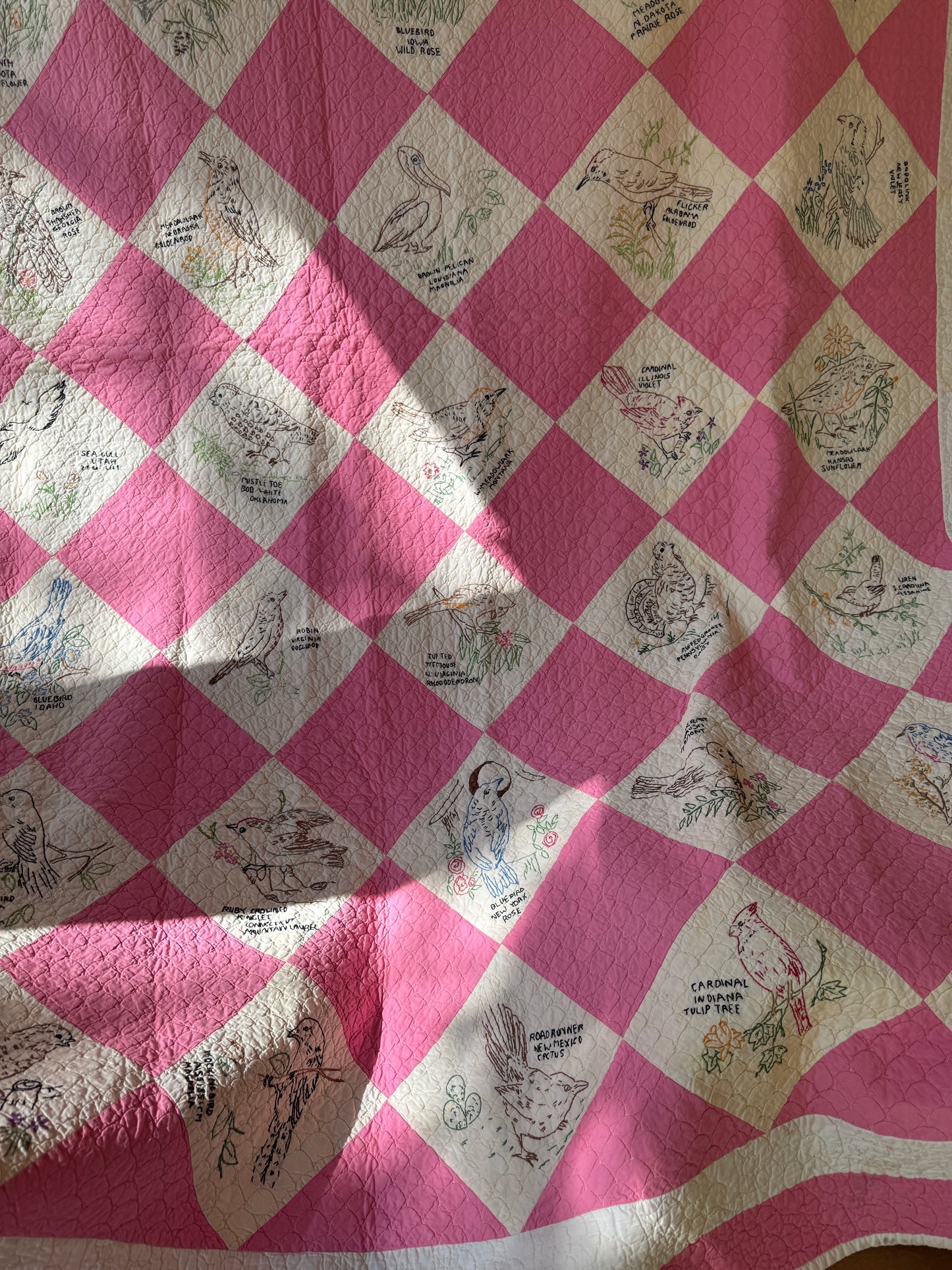 Vintage 1930s-50s Pink State Bird & Flower Embroidered Quilt
