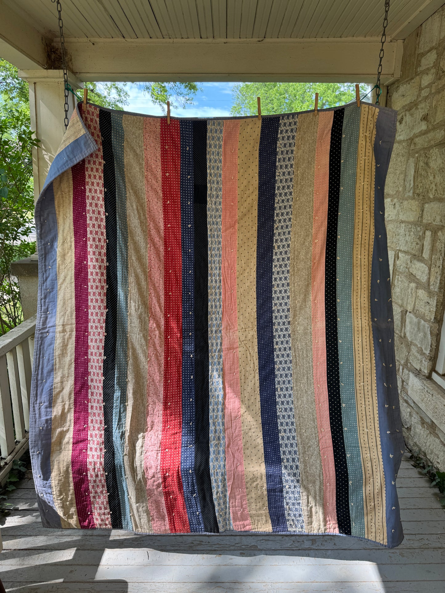 Antique 1870s-90s Reversible Bar Tie Quilt with pink and indigo