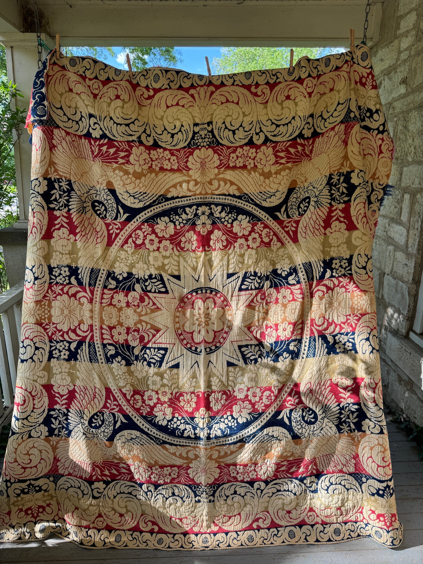 Antique Wool Jacquard Woven Coverlet