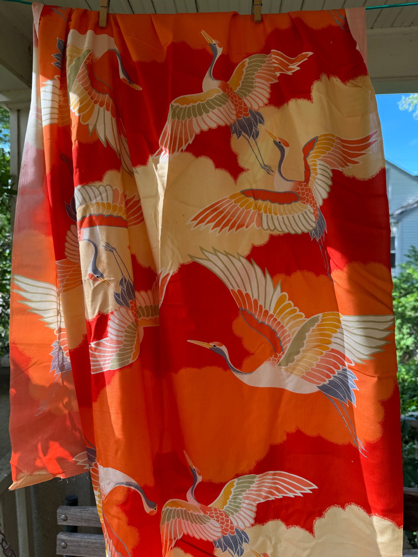 Antique Orange Silk Crane Kimono fabric