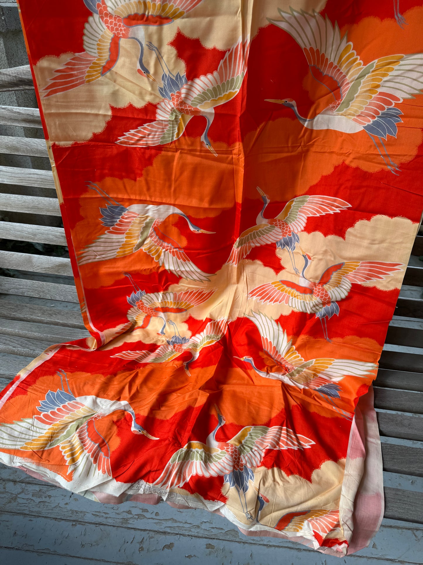 Antique Orange Silk Crane Kimono fabric