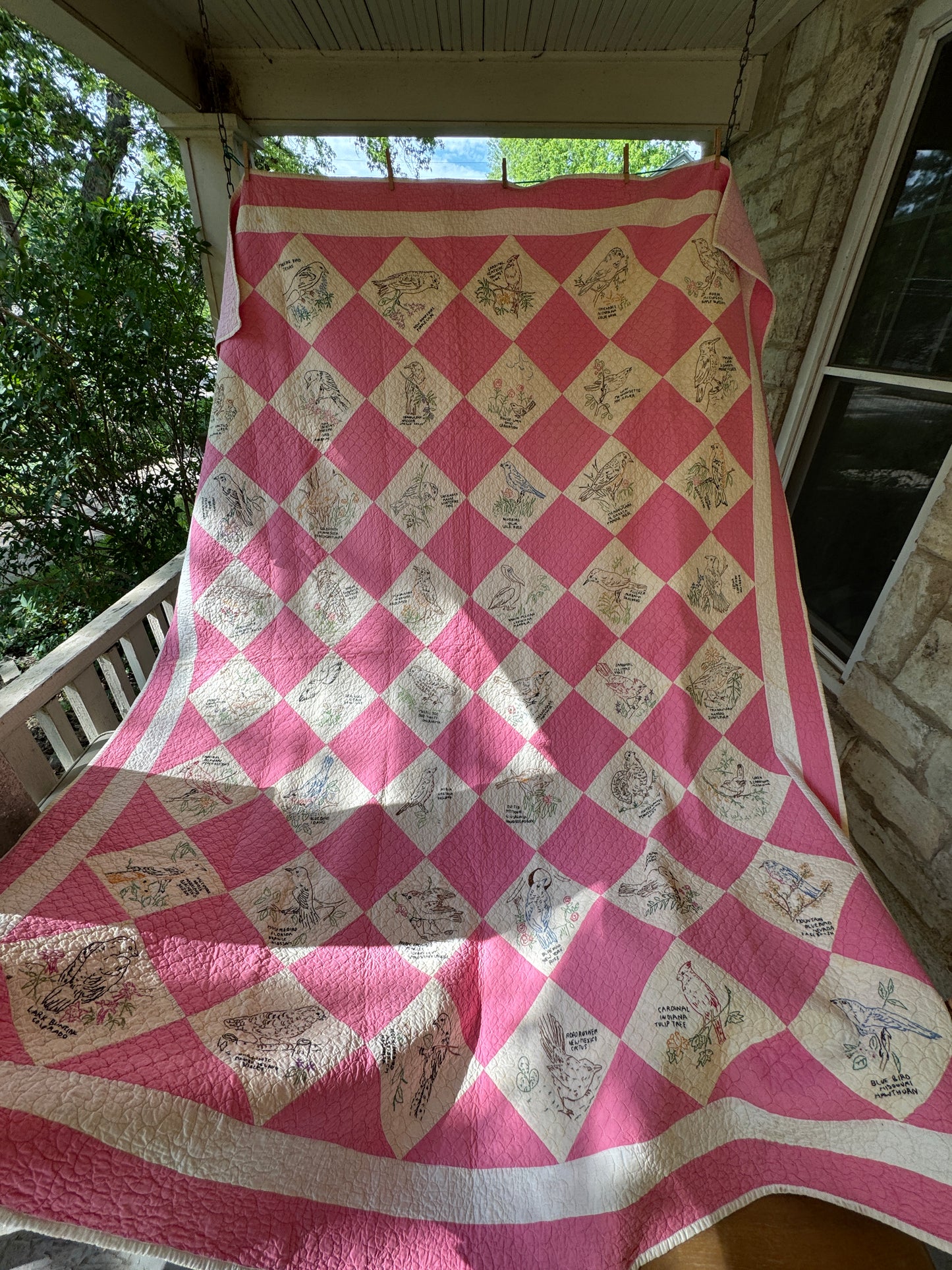 Vintage 1930s-50s Pink State Bird & Flower Embroidered Quilt