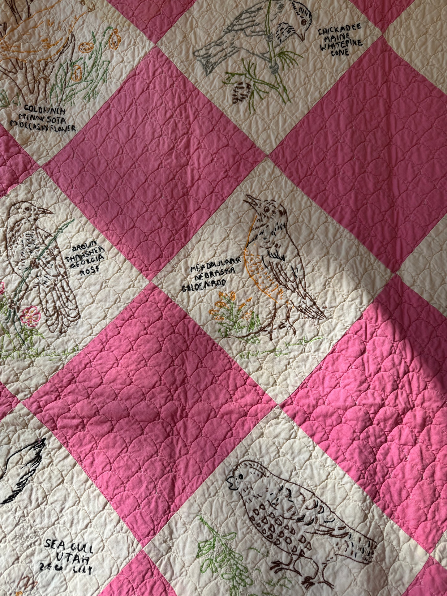 Vintage 1930s-50s Pink State Bird & Flower Embroidered Quilt