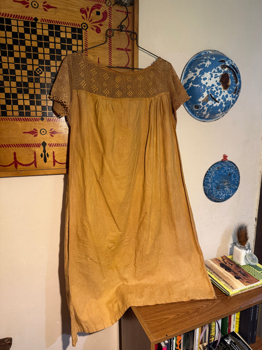 Antique Edwardian Crocheted Yoke Plant Dyed Mustard Yellow Nightgown